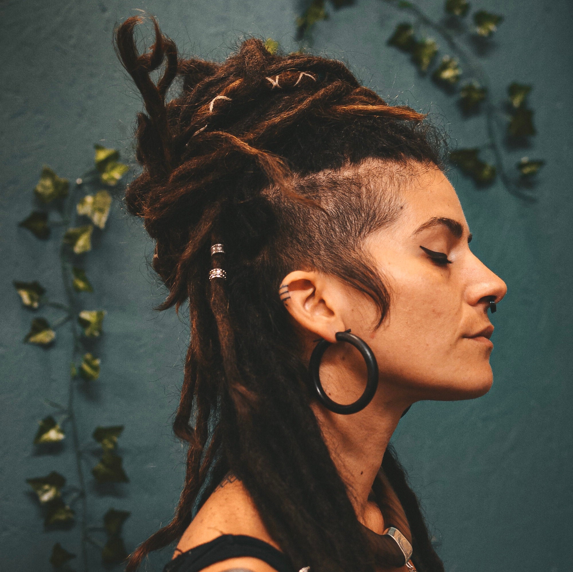 Hoop Earrings Wooden Tribal Style Eco Friendly on girl with dreadlocks and shaved sides - CrafterElena