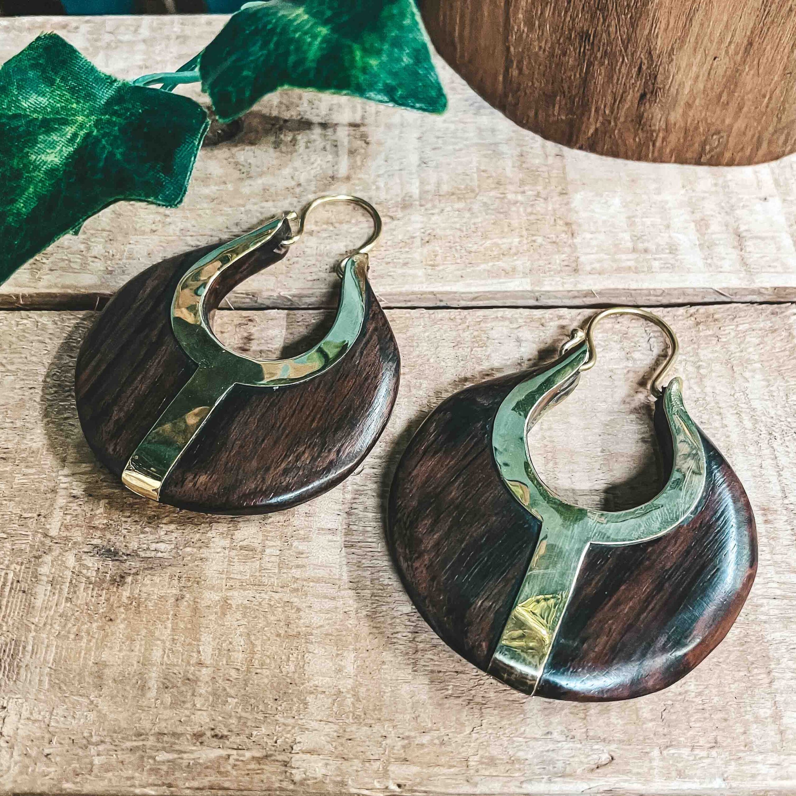 Golden Goddess Wood & Brass Earrings Tribal Style Ear weights ear hangers