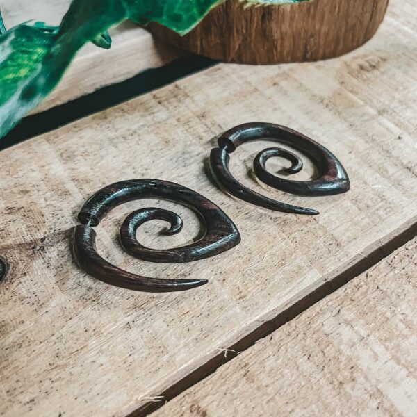Wooden Mini Spiral Earrings Tribal Fake Gauge