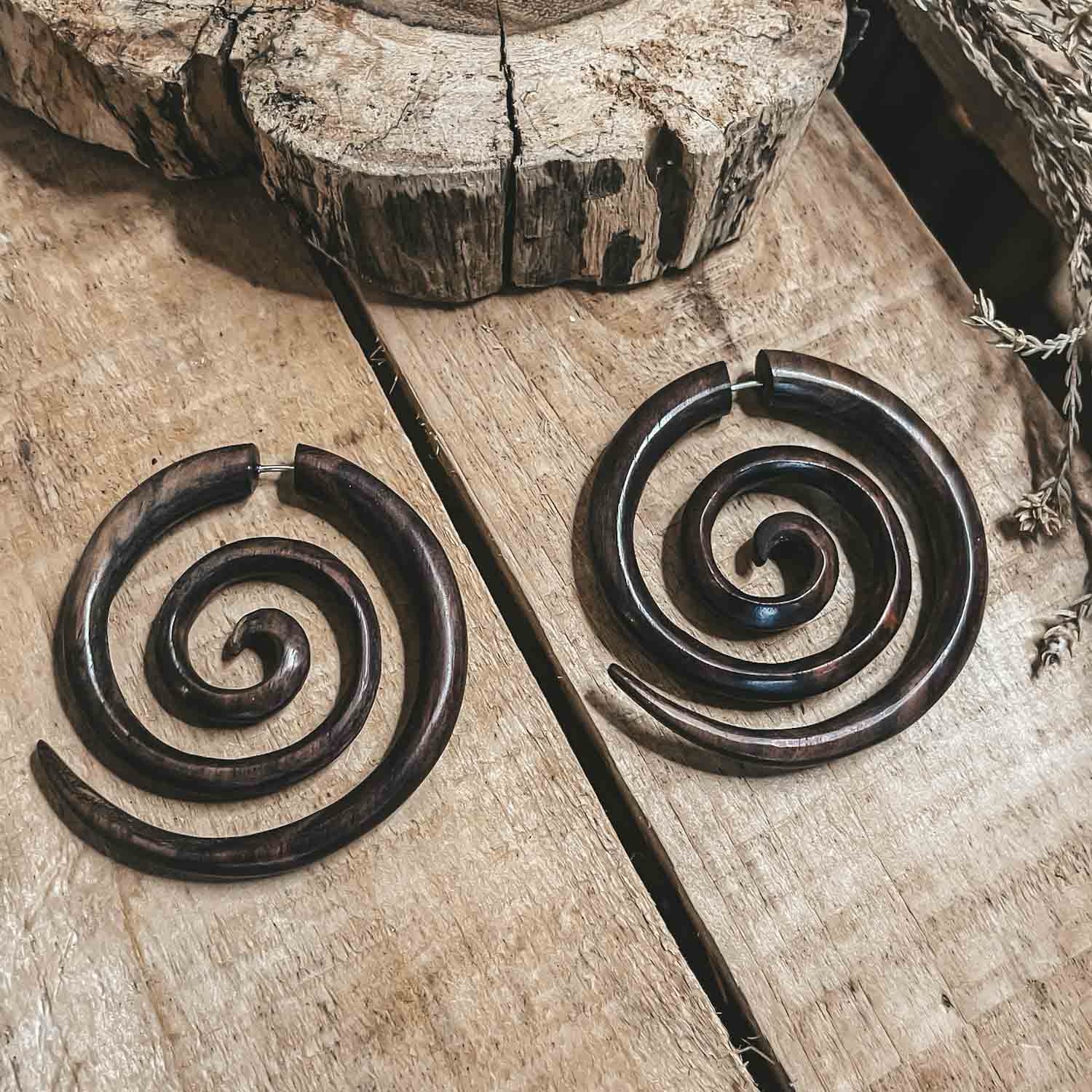 wooden spiral earrings fake gauge