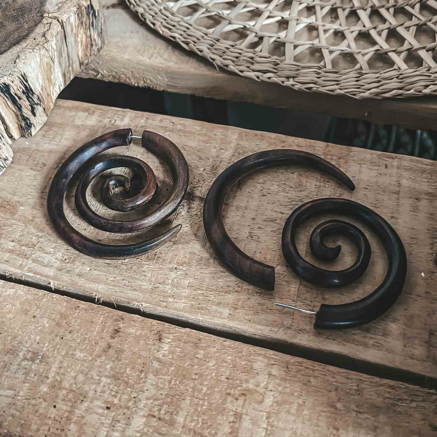 wooden spiral earrings fake gauge open