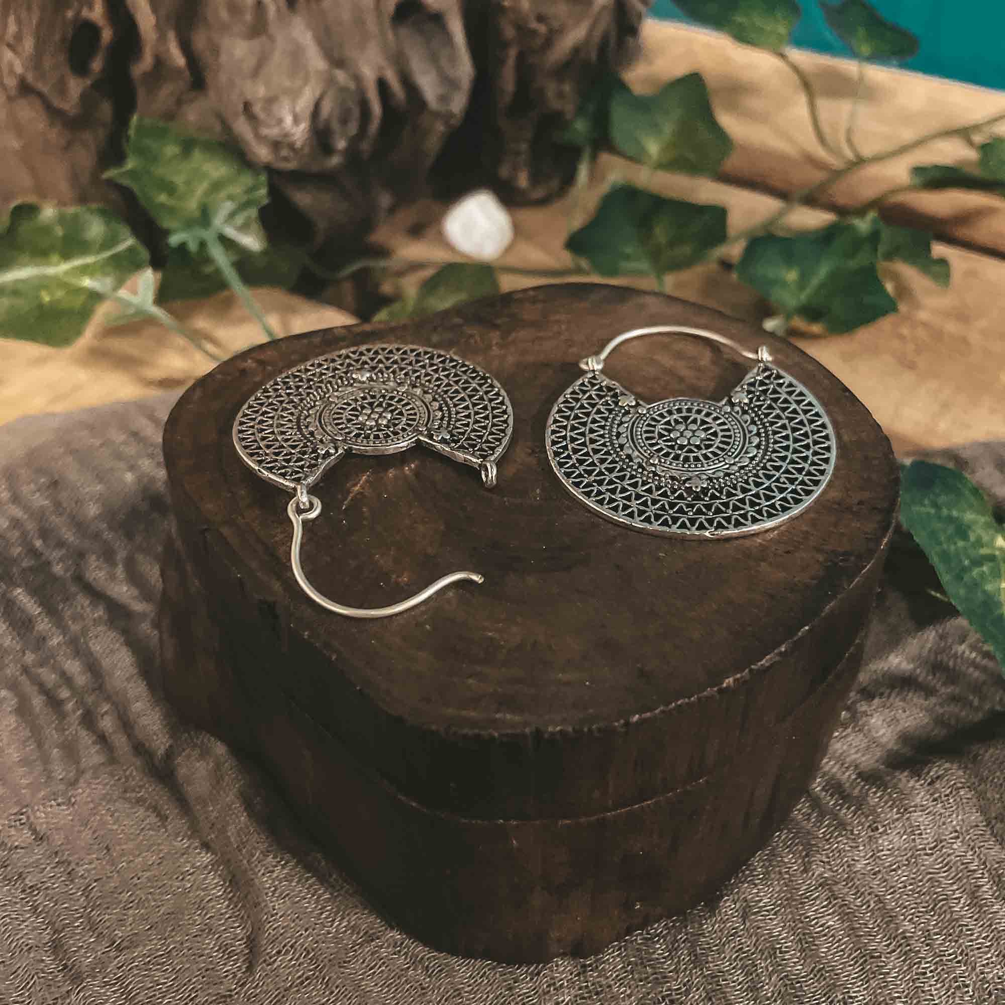Mandala Hoop Earrings Silver Plated Boho Ethnic Gypsy hippie jewellery gift for her