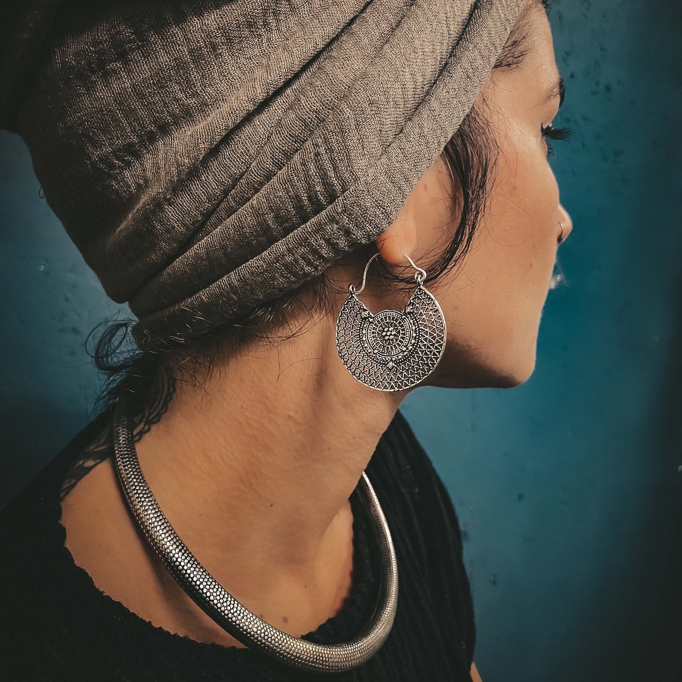 Mandala Hoop Earrings Silver Plated Boho Ethnic Gypsy hippie jewellery gift for her