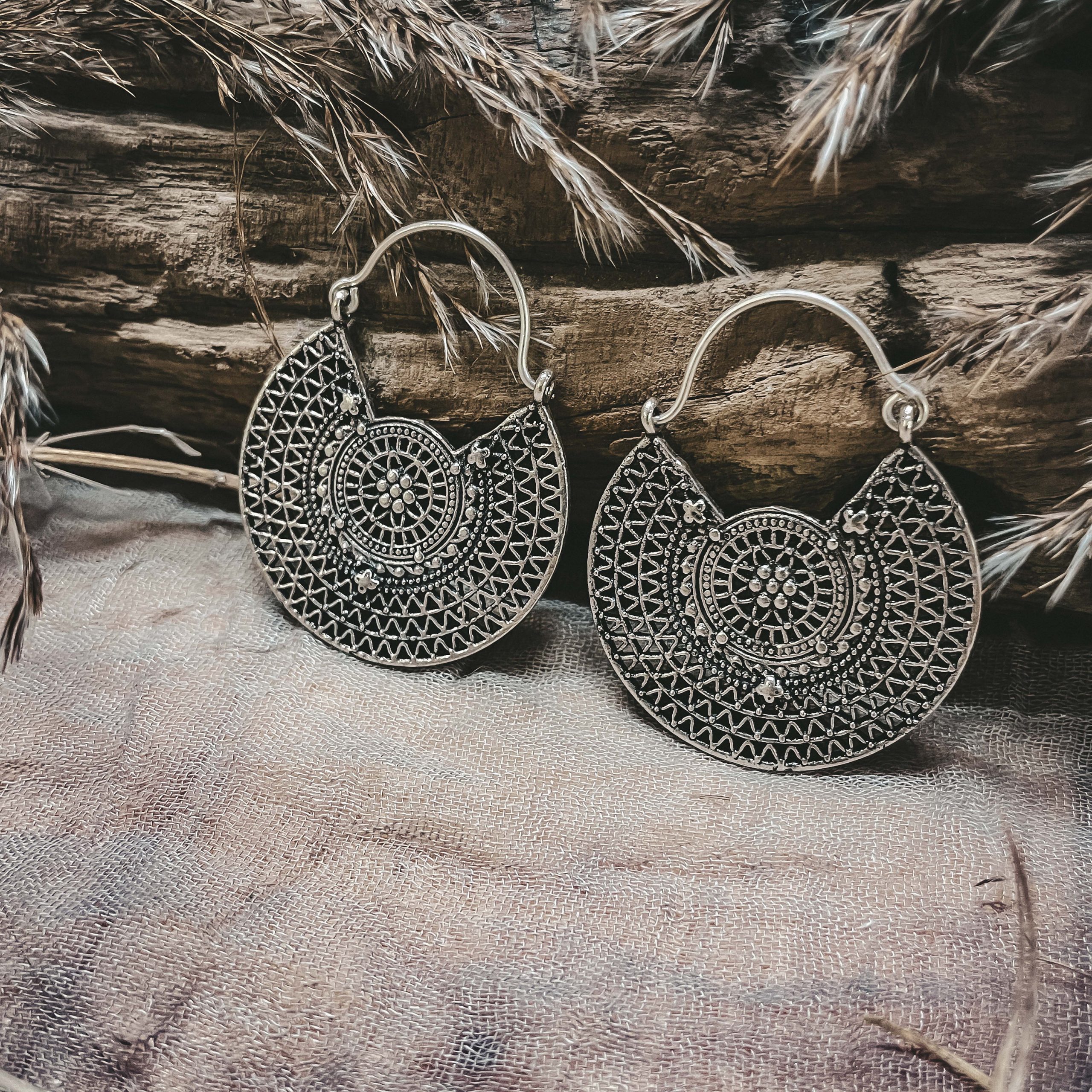 Mandala Hoop Earrings Silver Plated Boho Ethnic Gypsy hippie jewellery