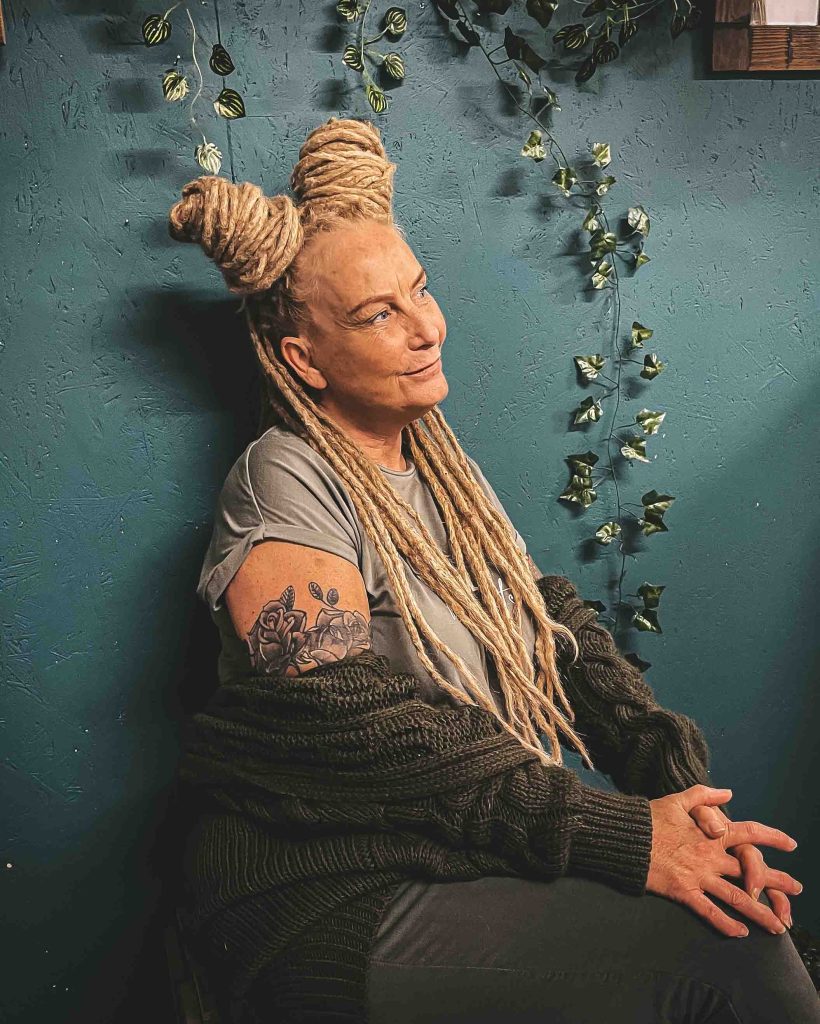 Dreadlock Space Buns on female with Blonde dreads