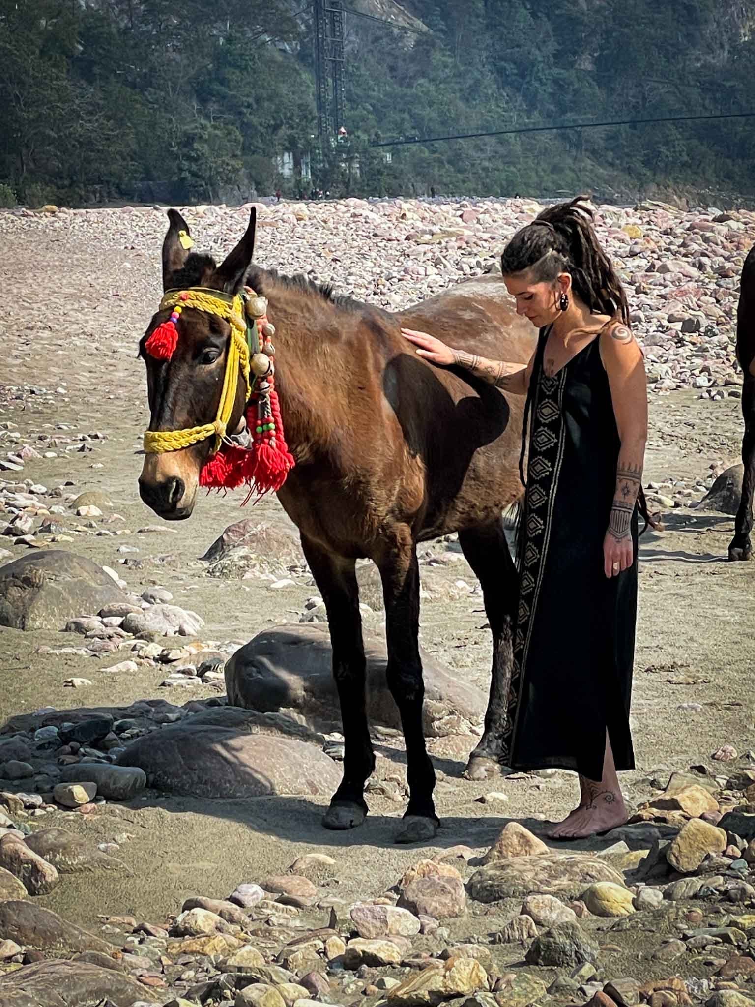 Block Print Maxi Dress Tribal Bohemian Goddess Black Gold, Tribal Pattern girls posing next to Ganga river CrafterElena with a horse
