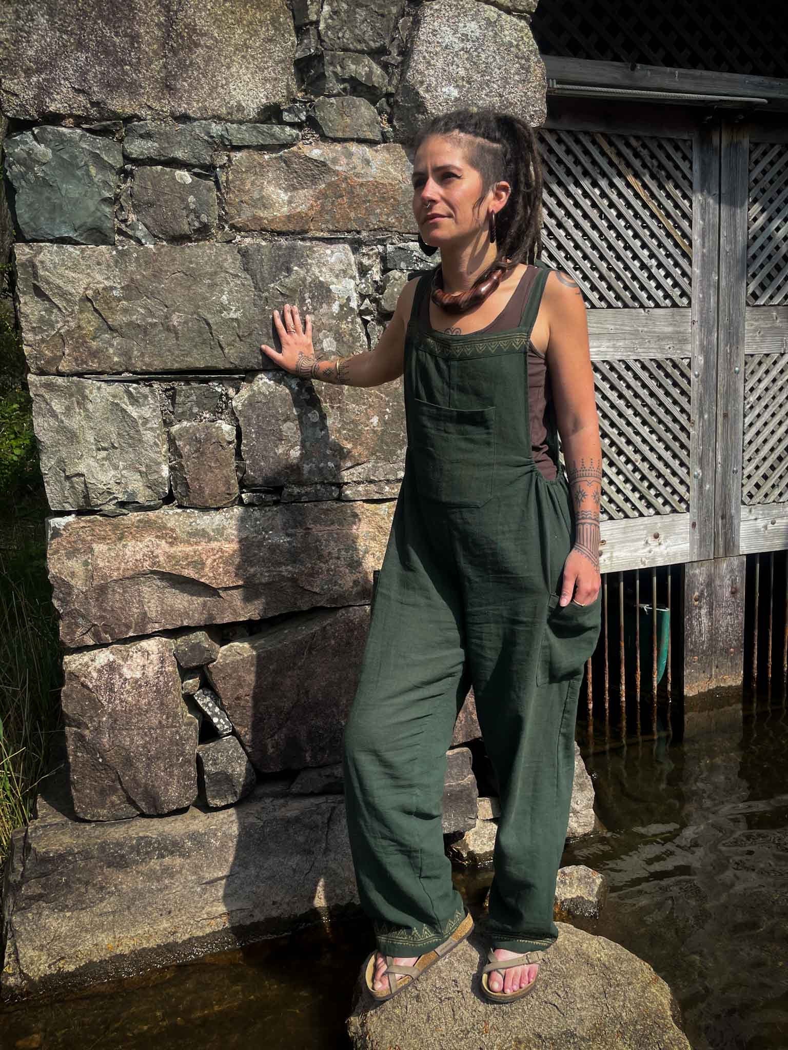 Jumpsuit Hippie Dungarees Blockprint Tribal Pattern Green, Linen 100% Cotton Natural Dye girl standing on a stone next to a lake