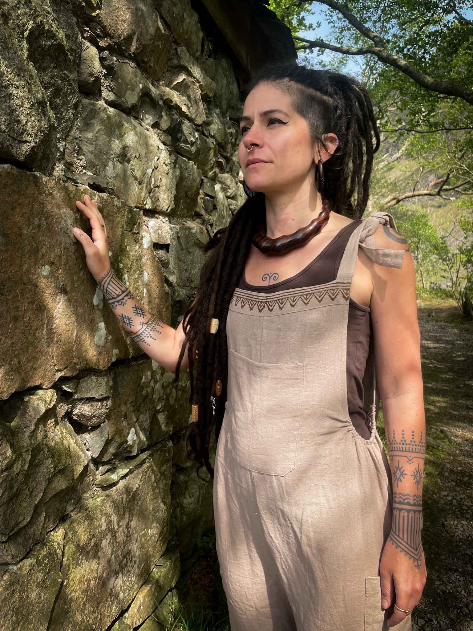 Jumpsuit Hippie Dungarees Blockprint Tribal Pattern Beige Linen 100% Cotton Natural Dye CrafterElena