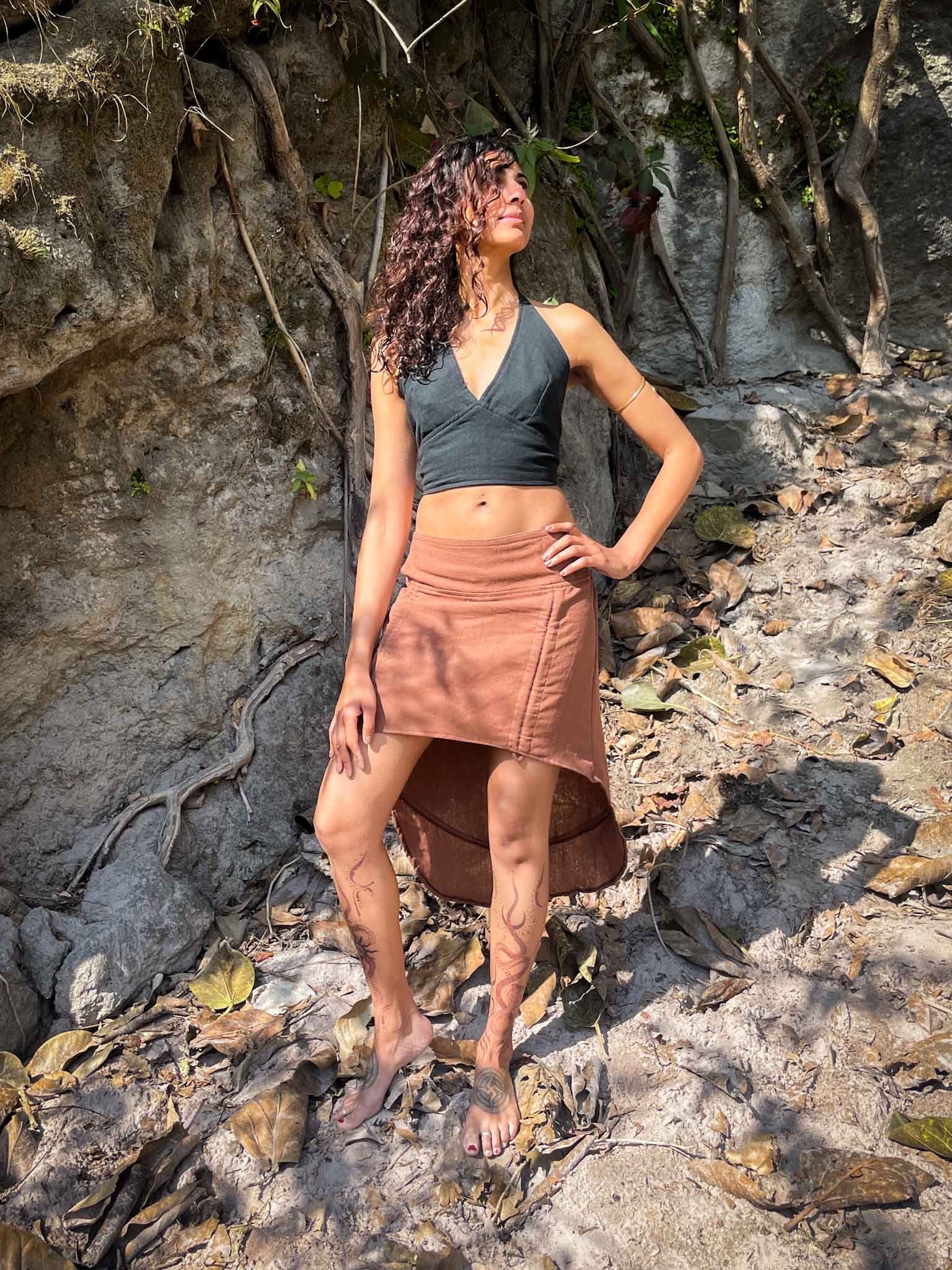 Tie Back Crop Top Black Tie Back Crop Top Black with camel asymetric skirt on model bohemian goddess wearing festival clothing