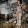 Jumpsuit Hippie Dungarees Blockprint Tribal Pattern Beige Linen 100% Cotton Natural Dye girl posing next to a lake