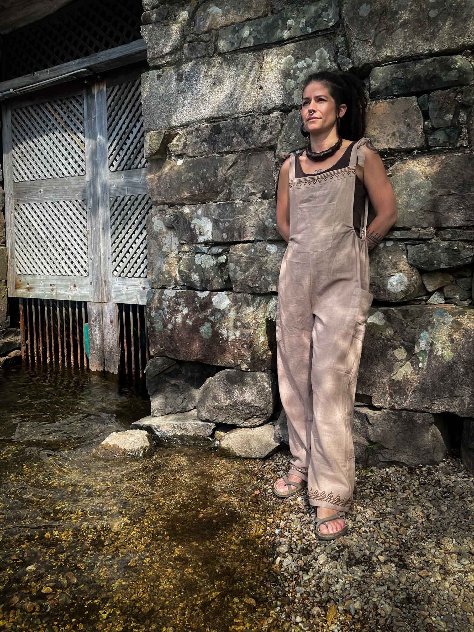 Jumpsuit Hippie Dungarees Blockprint Tribal Pattern Beige Linen 100% Cotton Natural Dye girl posing next to a lake