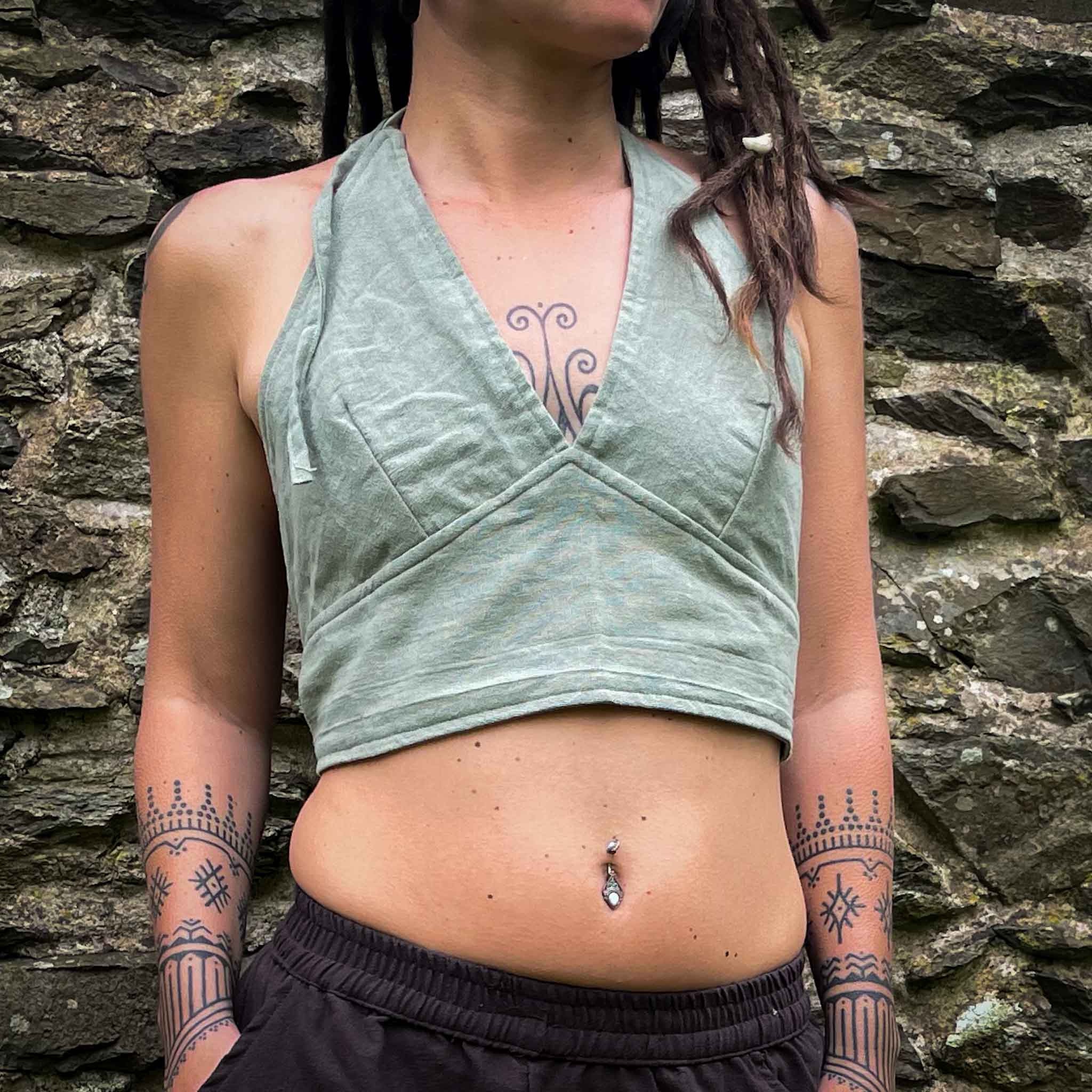 Tie Back Crop Top Light Green Bohemian festival clothing Tie Back Crop Top Light Green on bohemian goddess with tattoos, festival clothing