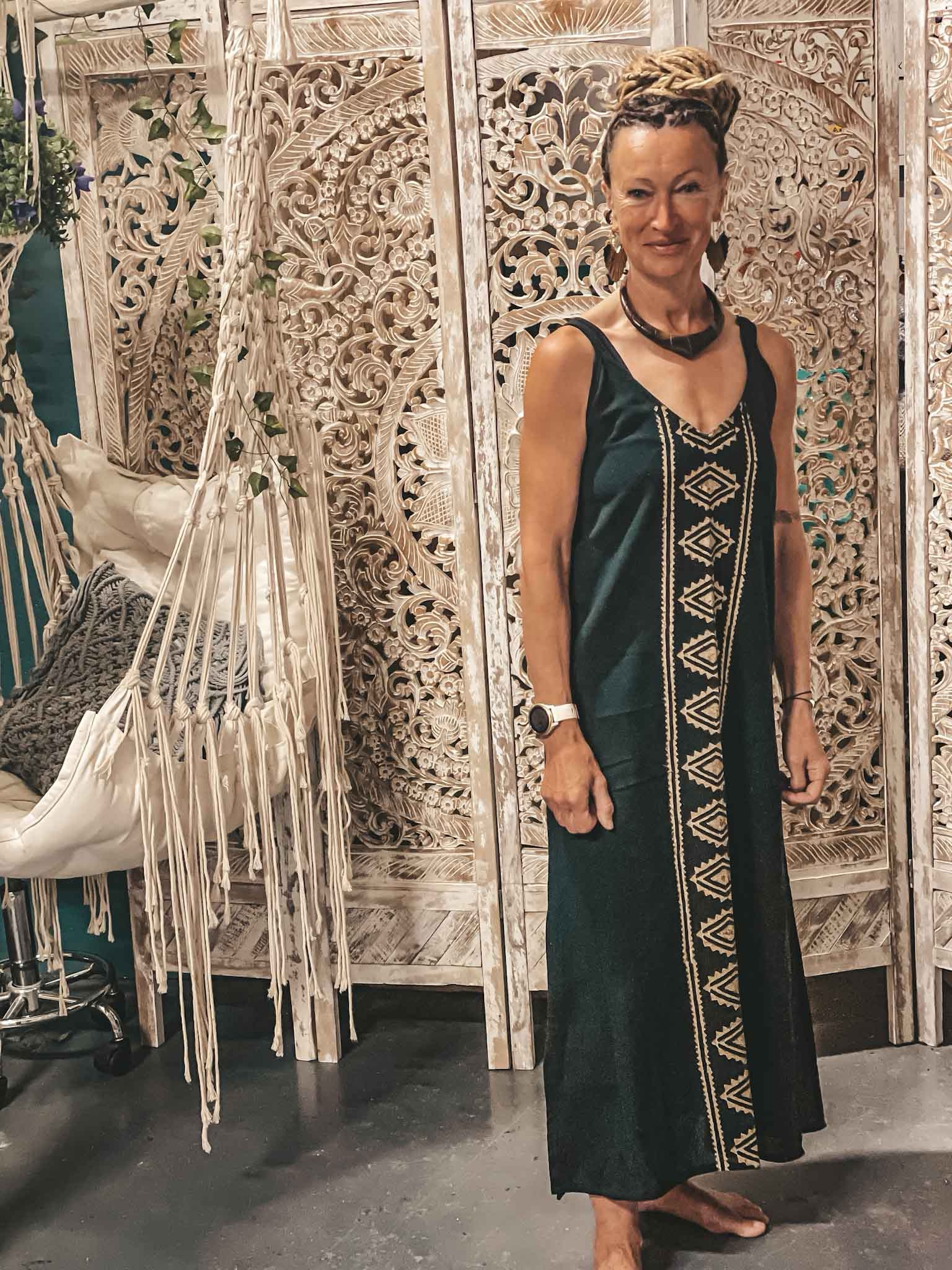 Block Print Maxi Dress Tribal Bohemian Goddess Black Gold, Tribal Pattern