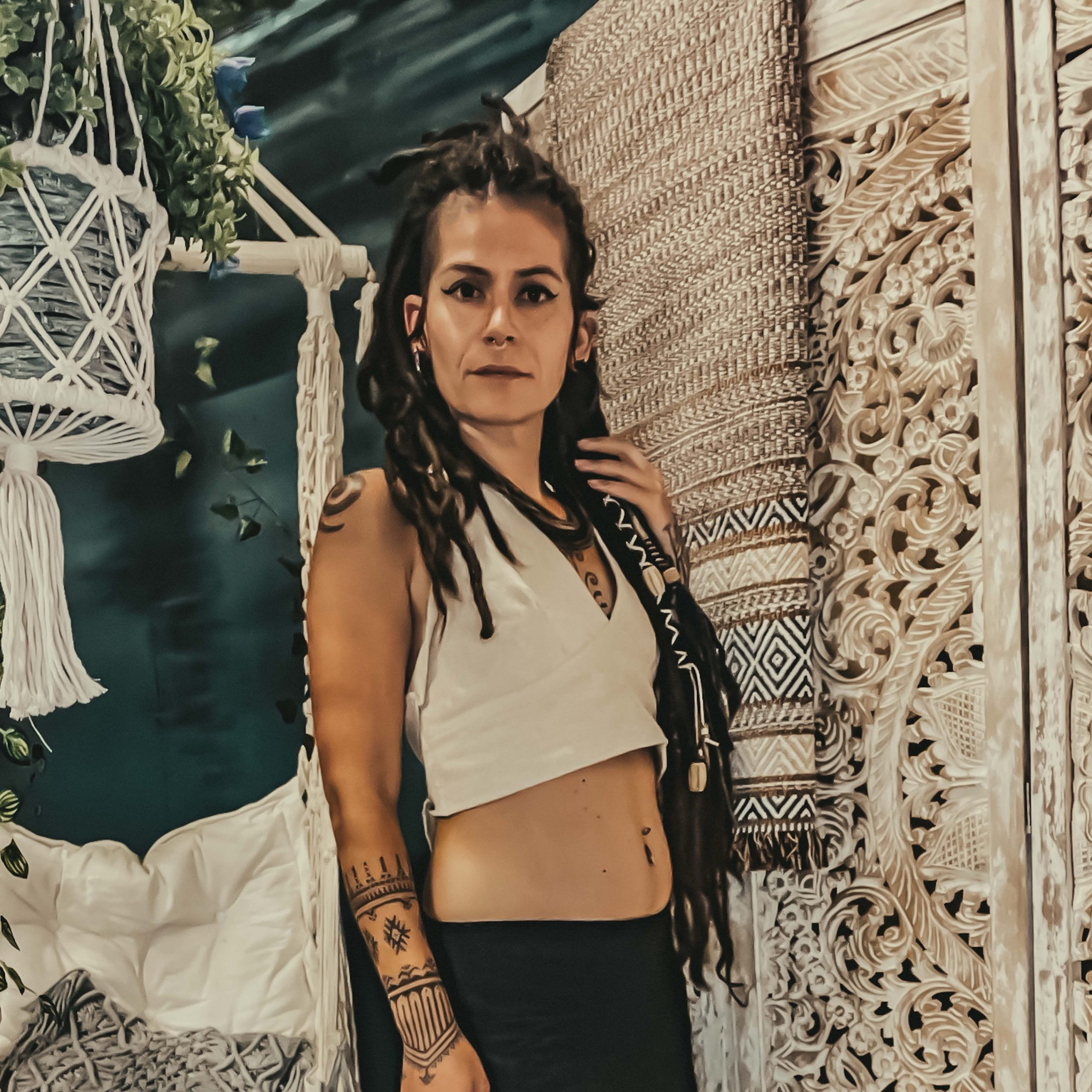 img_7290 Tie Back Crop Top beige on bohemian goddess with brass arm bracelet, festival clothing