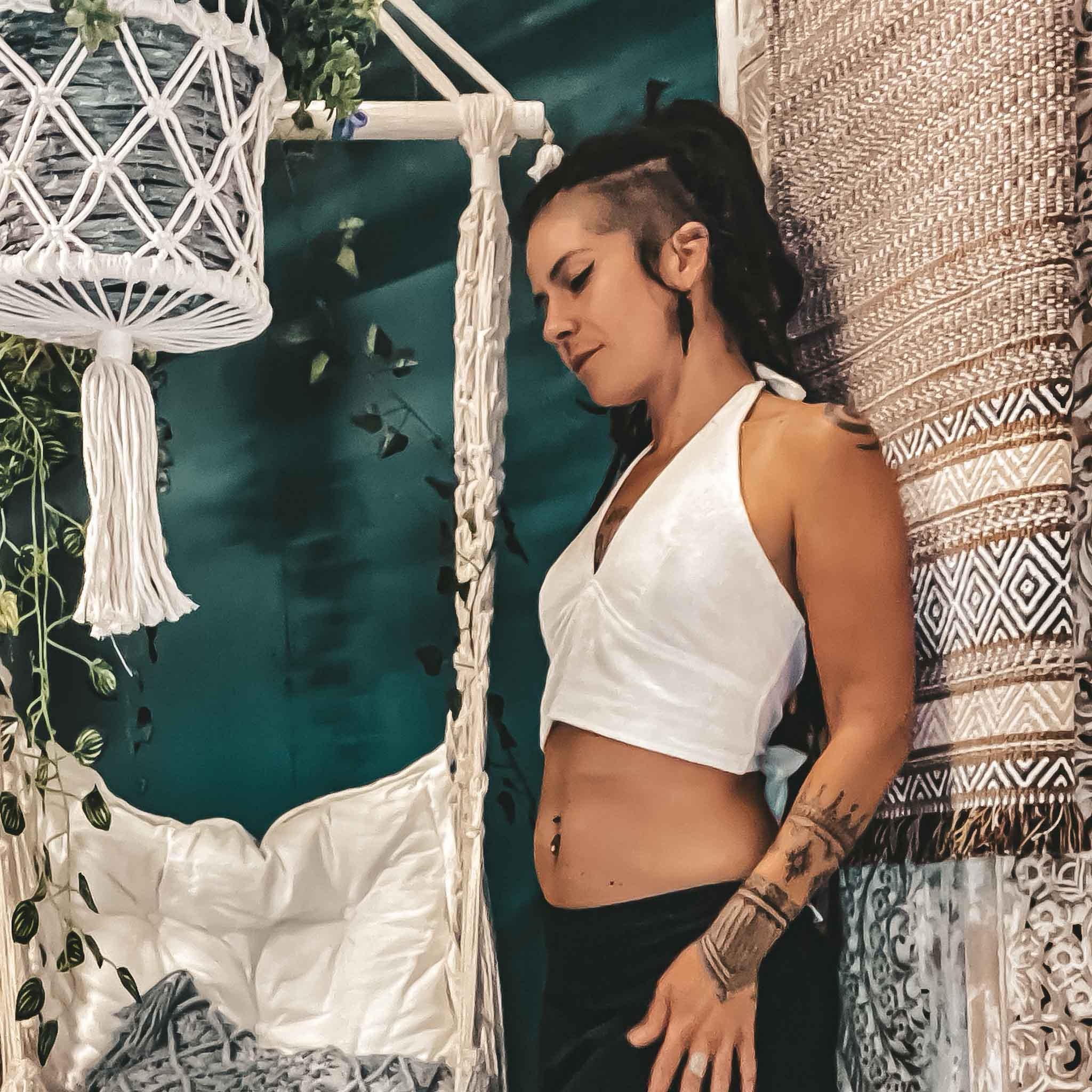 img_7356 Tie Back Crop Top White on bohemian goddess with brass arm bracelet, festival clothing