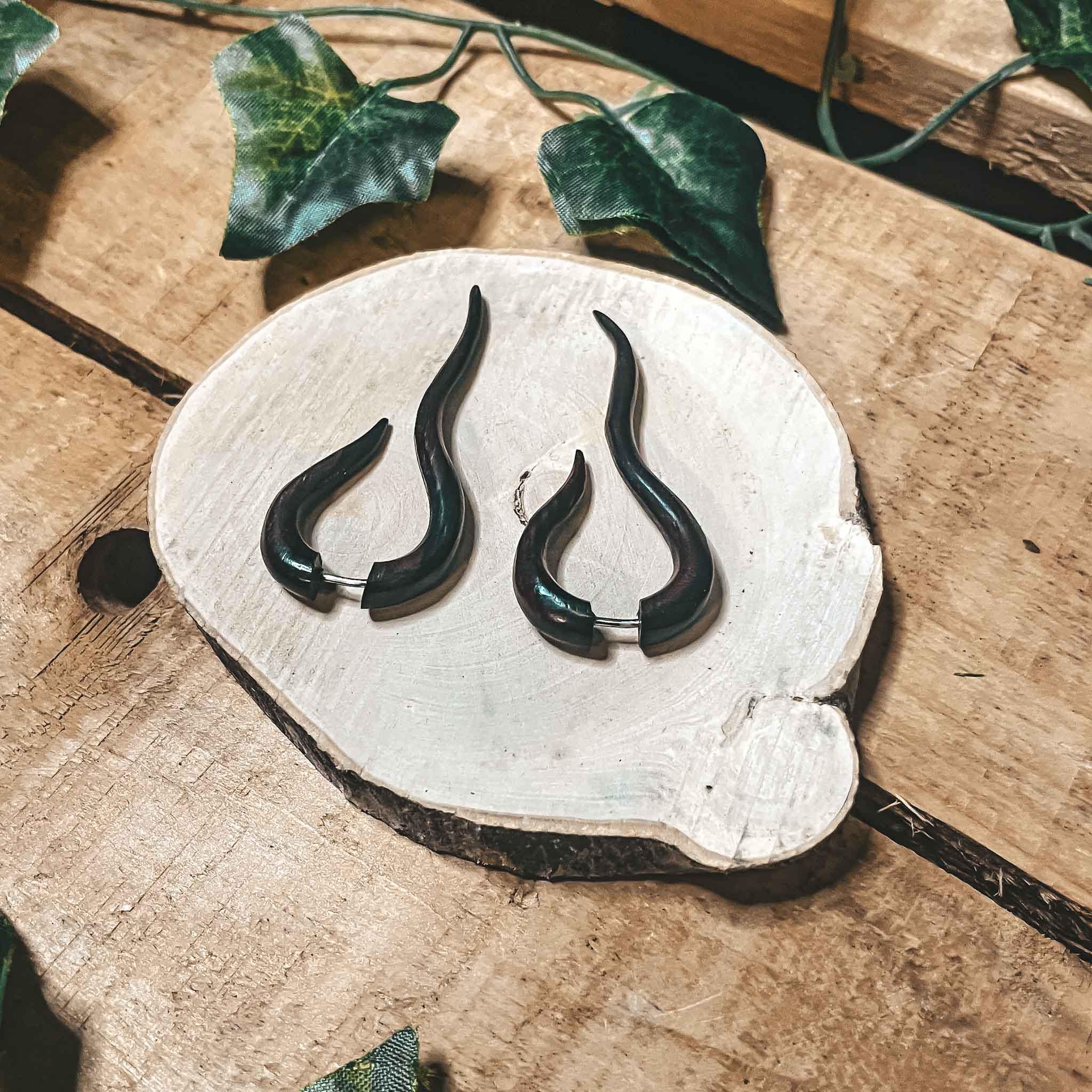 Wooden Hermis Tribal Earrings Fake Gauge Handmade Boho Ethnic Carved Wood Unisex