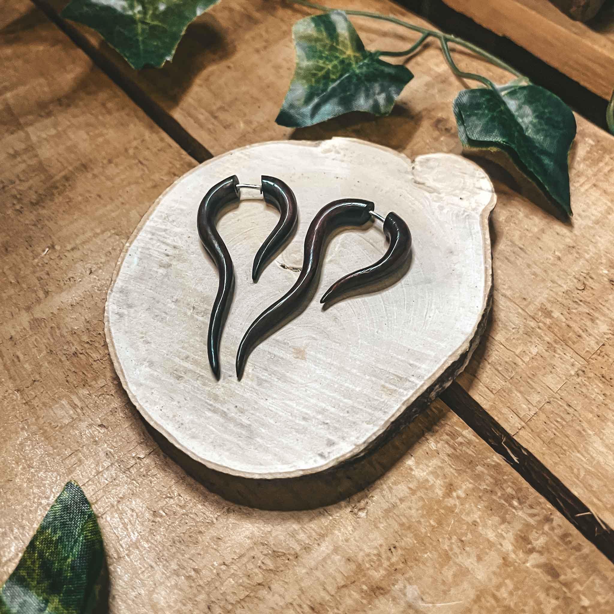 Wooden Hermis Tribal Earrings Fake Gauge Handmade Boho Ethnic Carved Wood Unisex