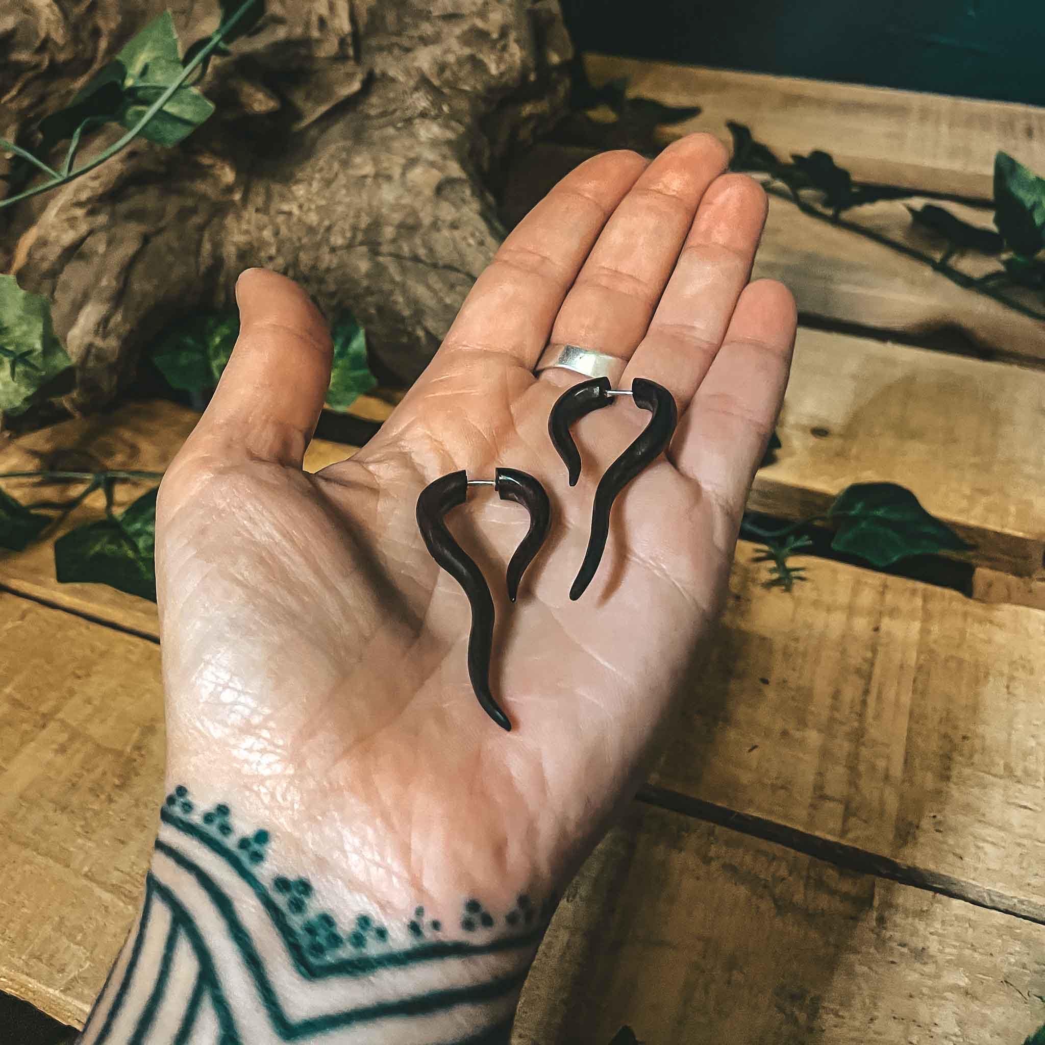 Wooden Hermis Tribal Earrings Fake Gauge Handmade Boho Ethnic Carved Wood Unisex