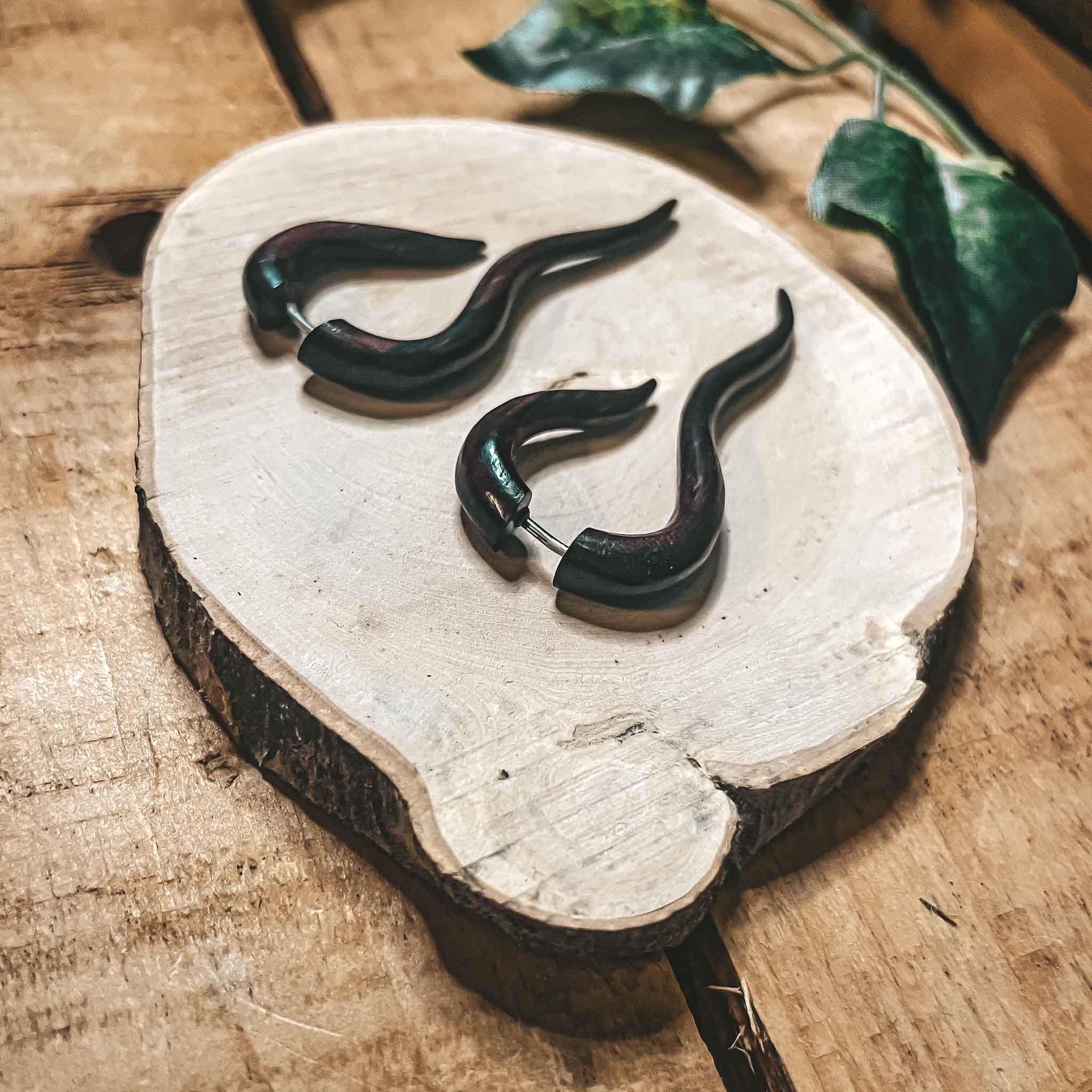 Wooden Hermis Tribal Earrings Fake Gauge Handmade Boho Ethnic Carved Wood Unisex