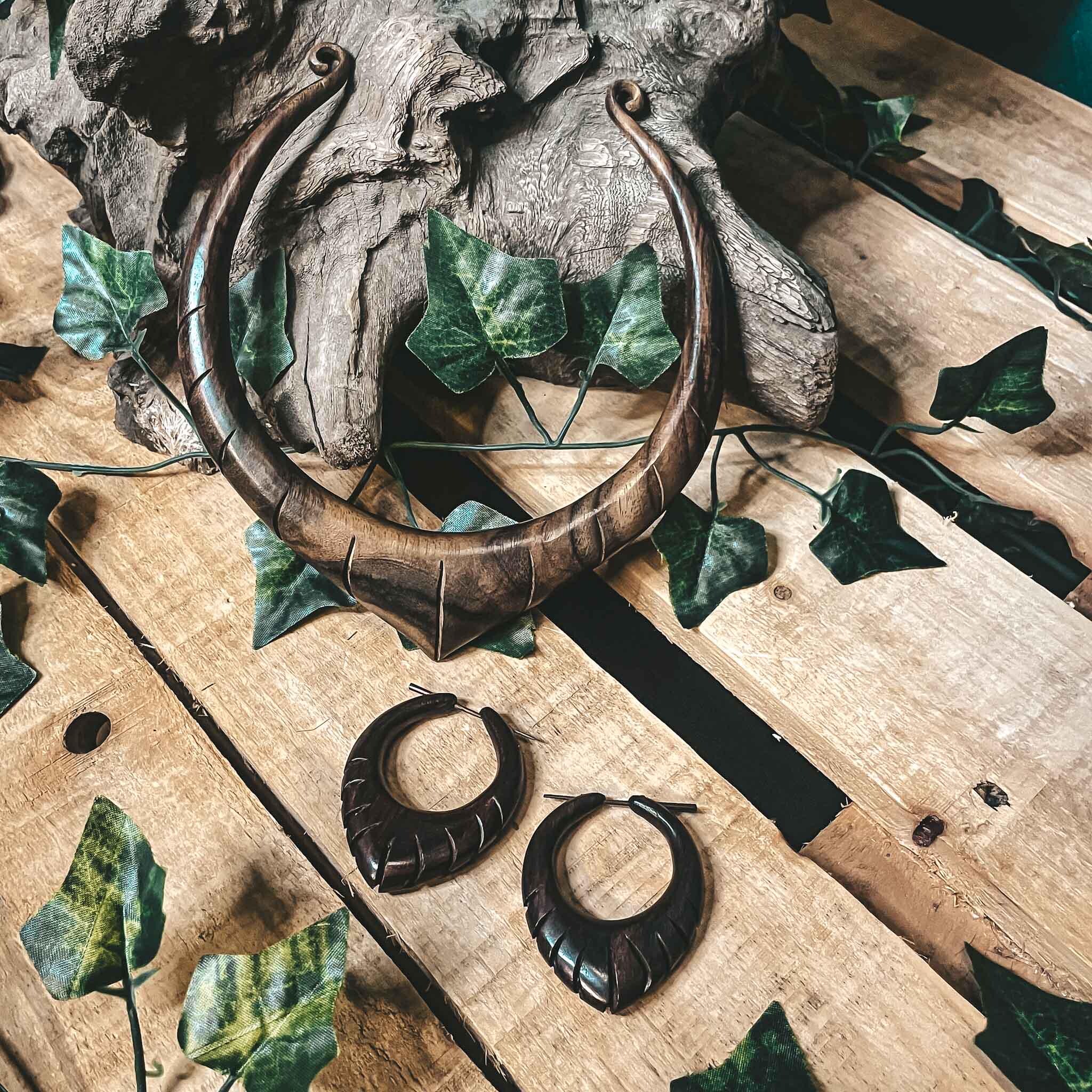 Wooden Doukisa Tribal Jewellery Set Earrings Pointy Hoops Handmade Tribal Boho Ethnic Style Carved Wood