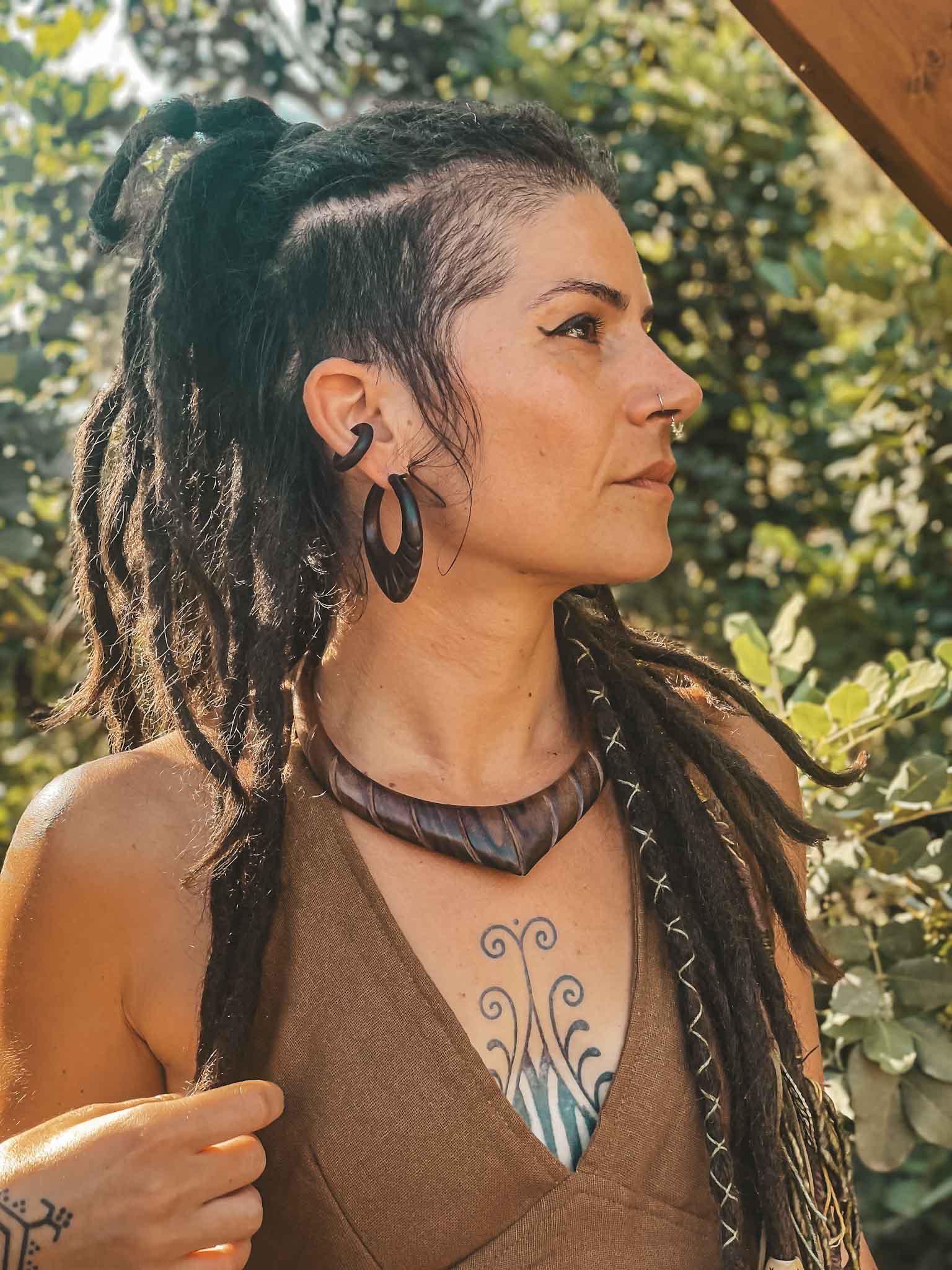 Wooden Doukisa Tribal Jewellery Set Earrings Pointy Hoops Handmade Tribal Boho Ethnic Style Carved Wood