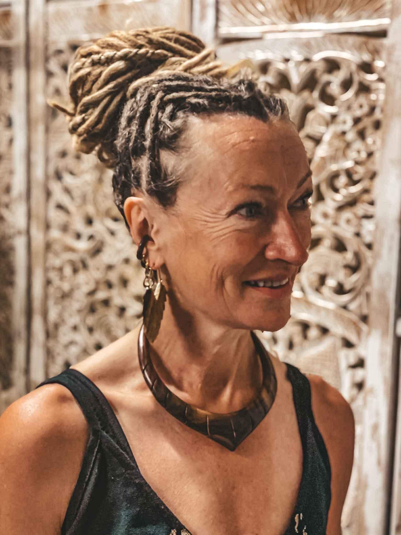 Wooden Ear-cuff Tribal Ear Jewel Boho Ethnic Geometric Sono Wood with wooden jewellery on a dreadlock model