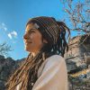 dark brown with beige stripes head gear for dreadlocks on crafter elena in the countryside