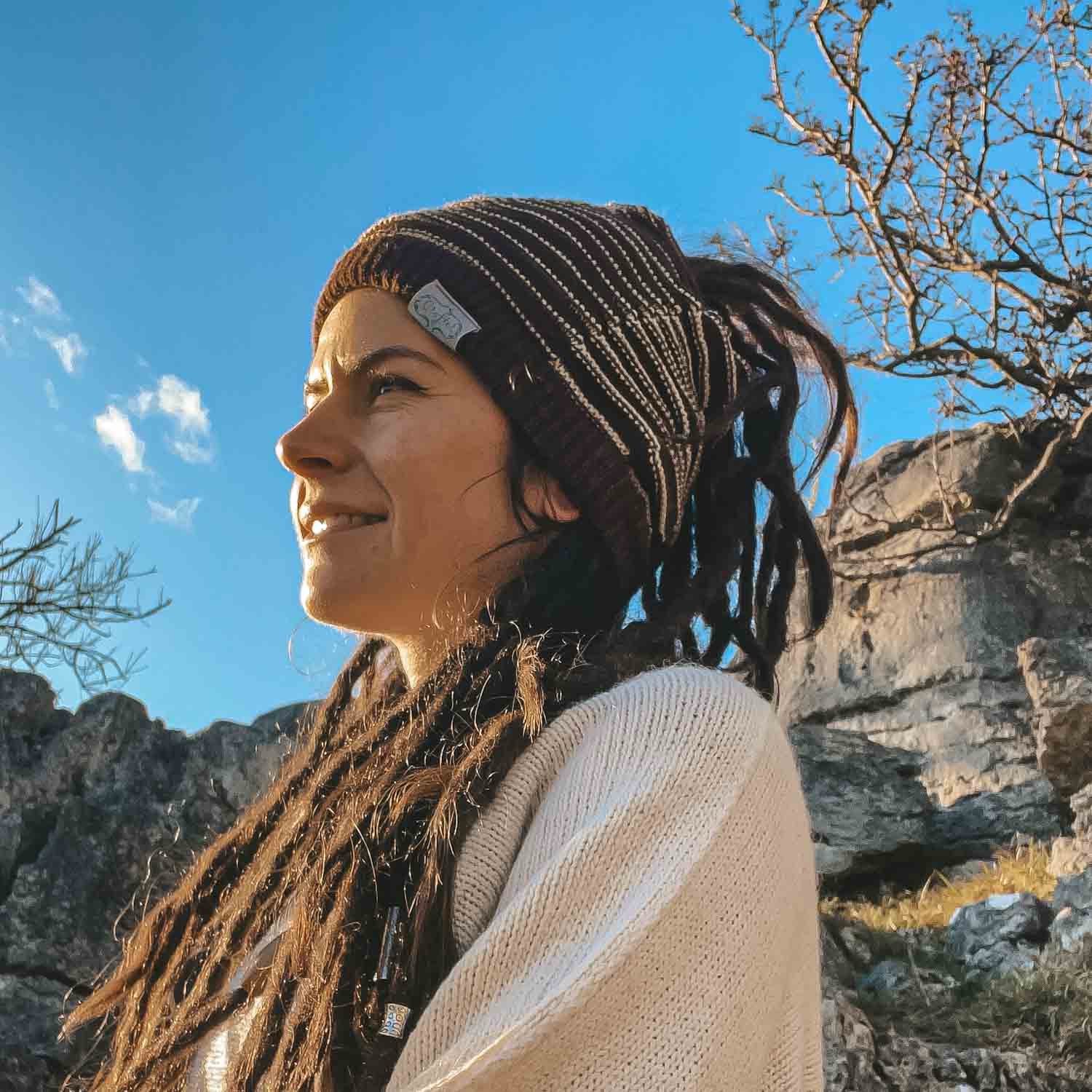 dark brown with beige stripes head gear for dreadlocks on crafter elena in the countryside