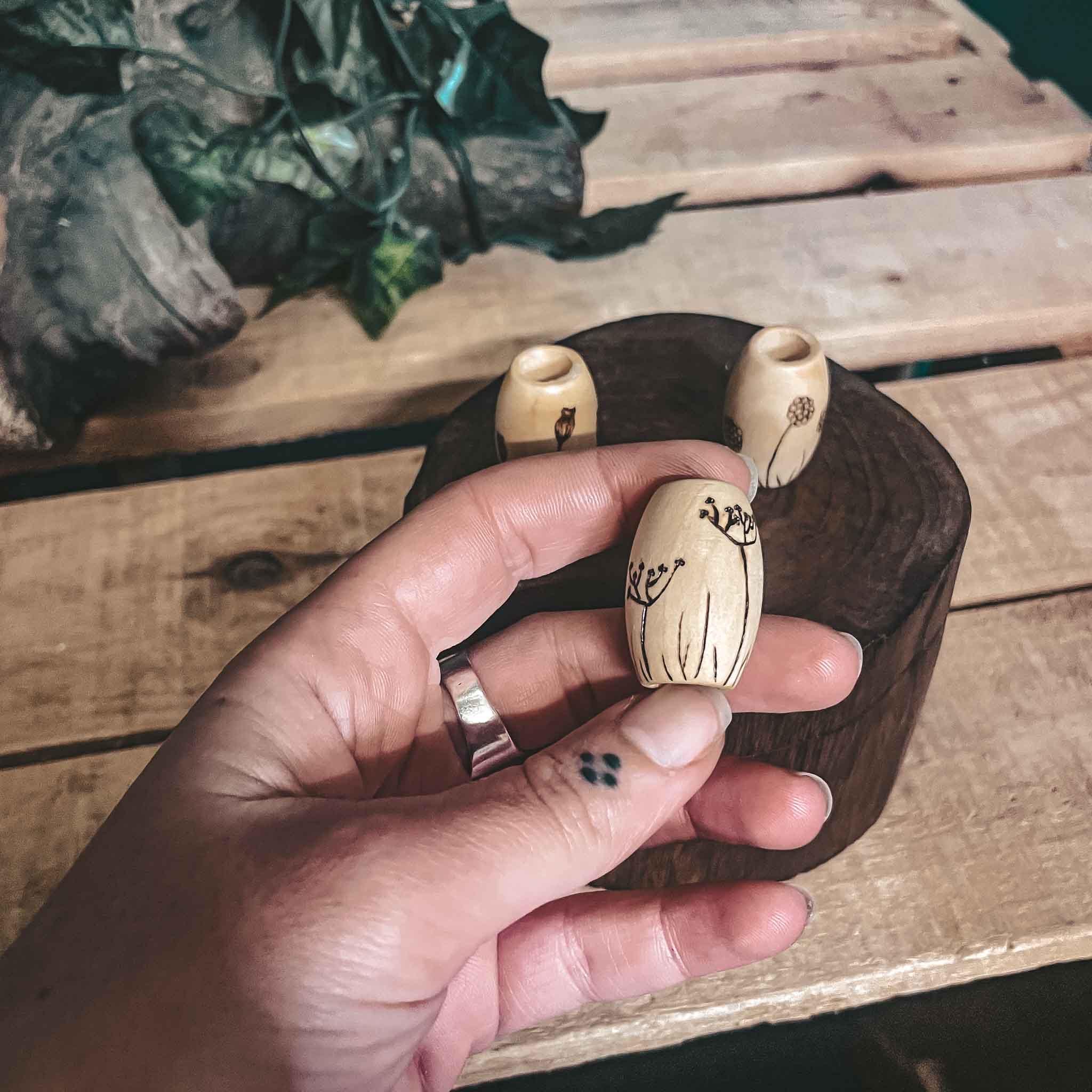 Botanical Wooden Dreadlock Beads crafterelena Botanical Wooden Dreadlock Beads Large handmade beads with Elderflower pyrography design