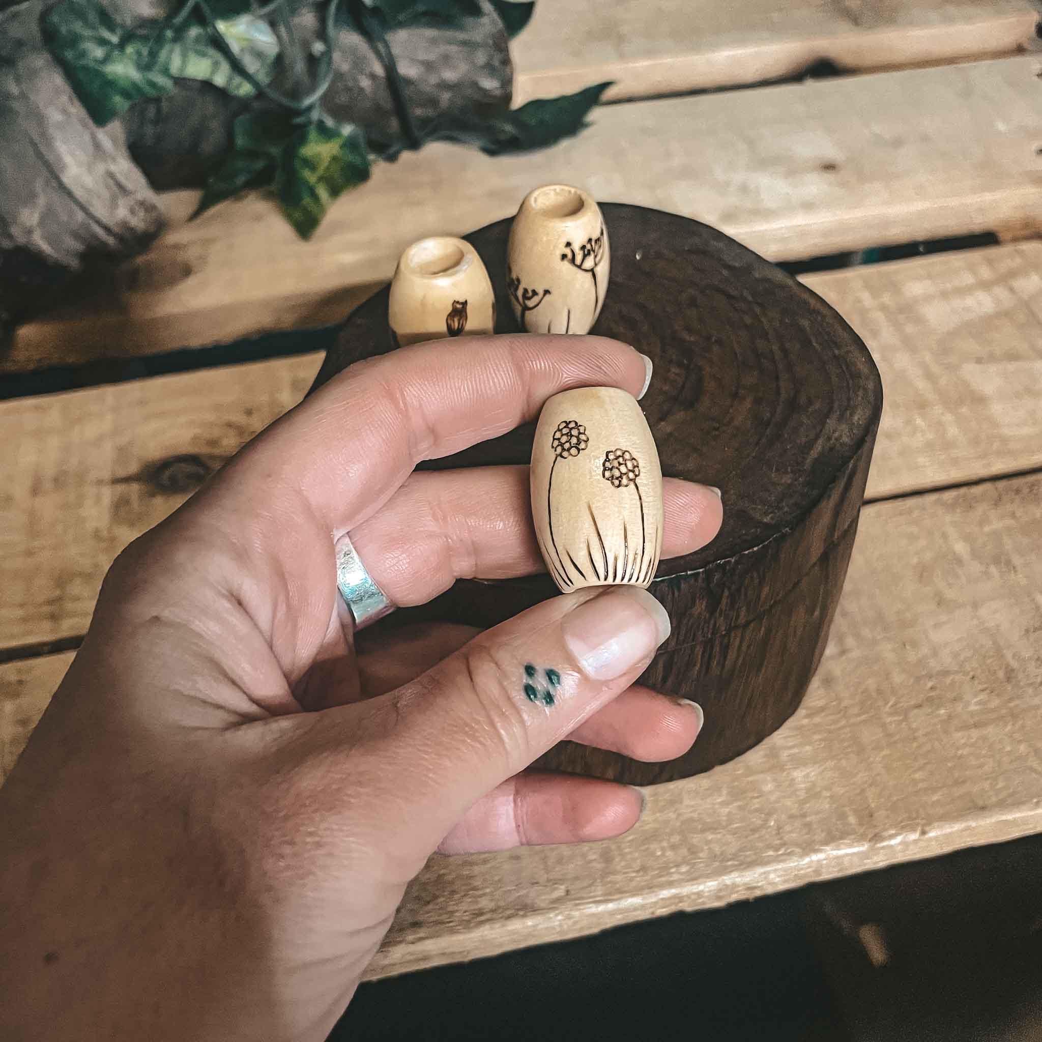 Botanical Wooden Dreadlock Beads crafterelena Botanical Wooden Dreadlock Beads Large handmade beads with weeds pyrography design