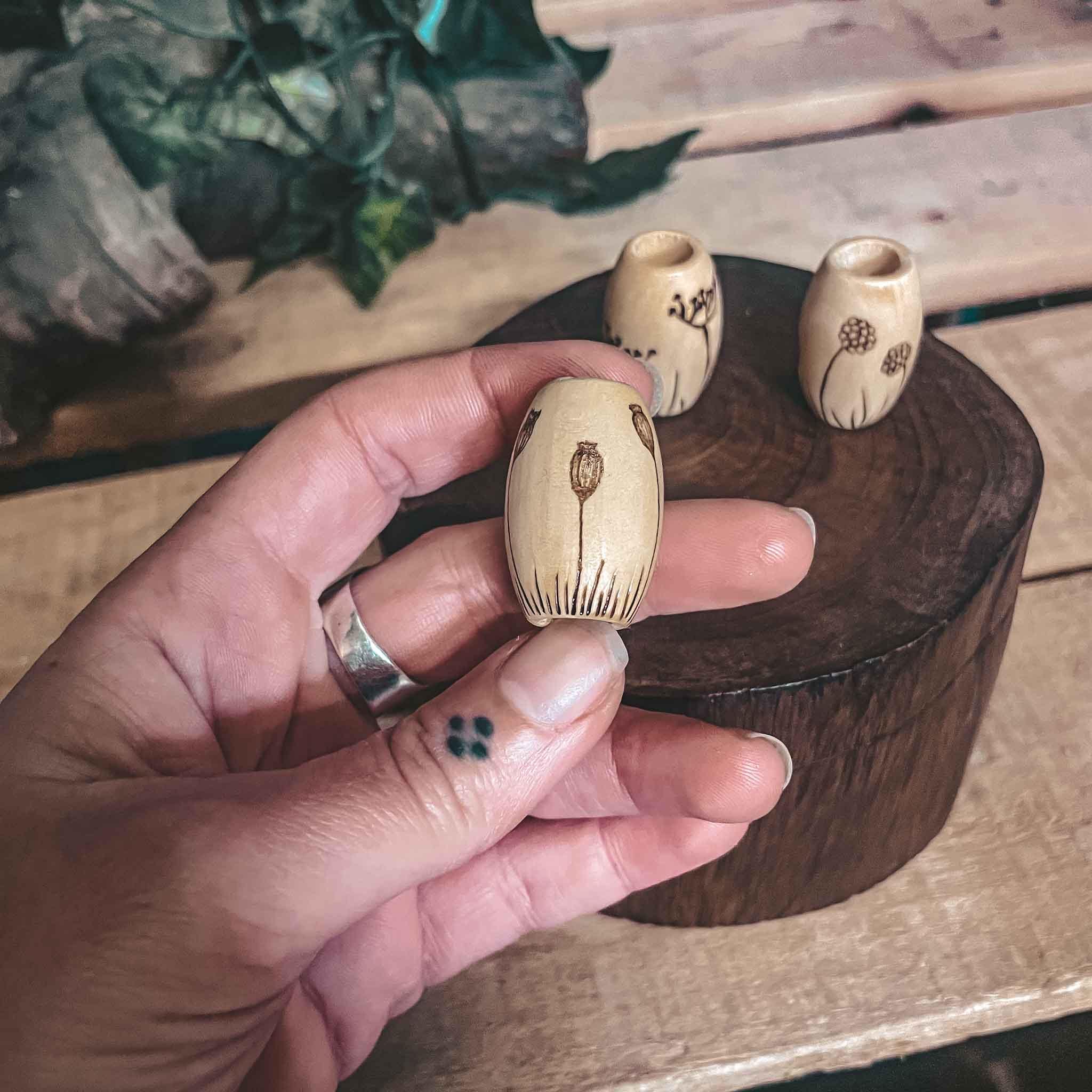 Botanical Wooden Dreadlock Beads crafterelena Botanical Wooden Dreadlock Beads Large handmade beads with Poppy pyrography design