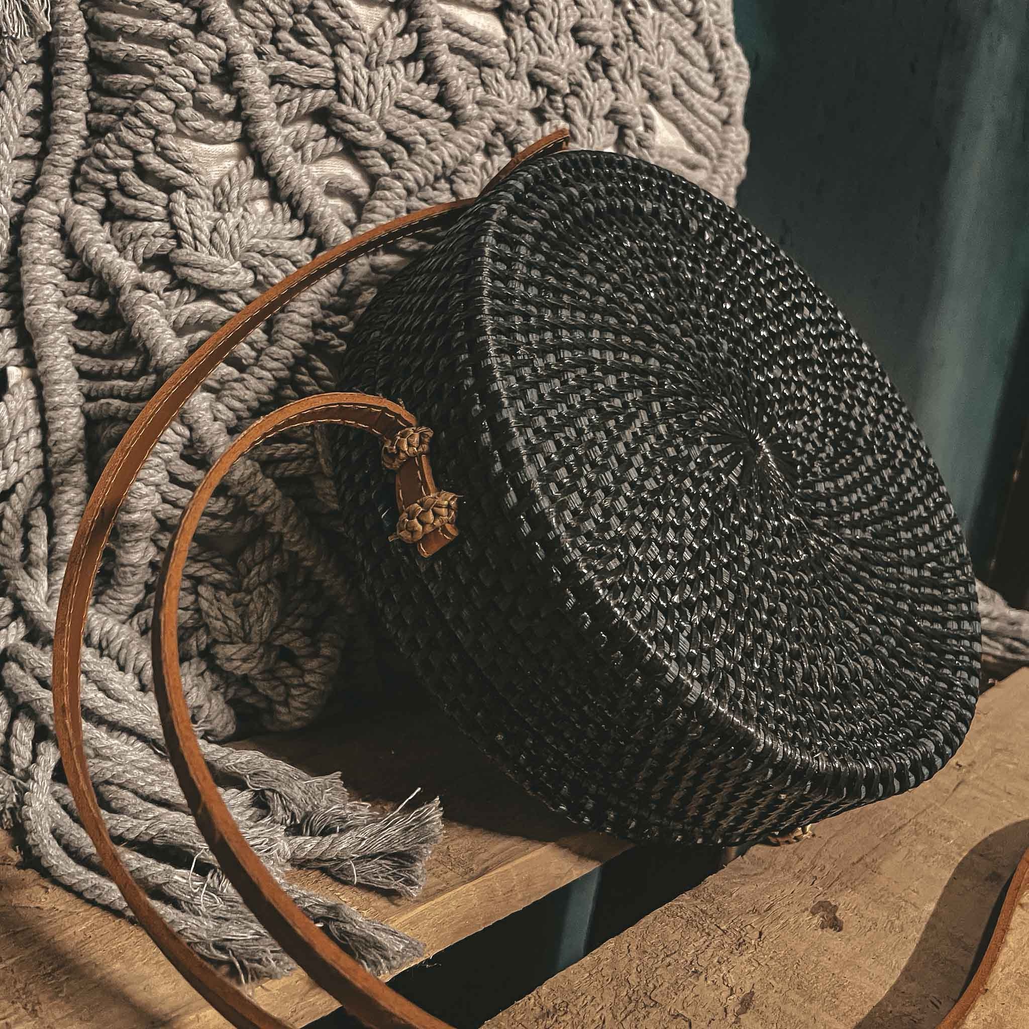 round rattan black with brown leather strap Bali