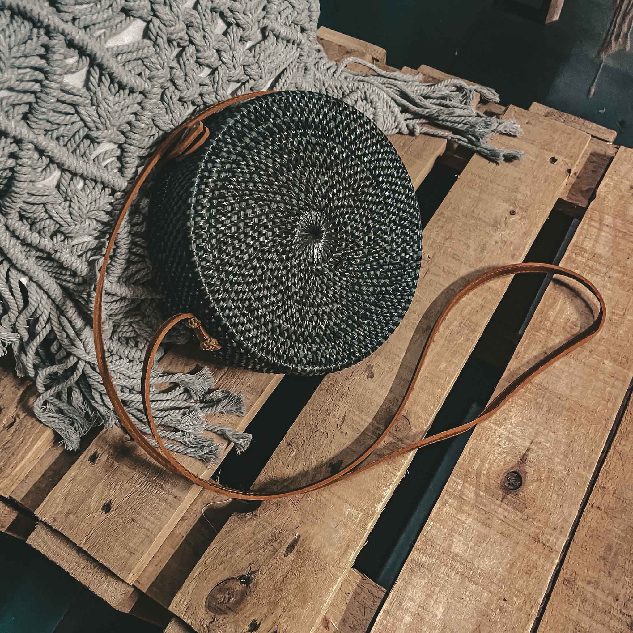 round rattan black with brown leather strap Bali