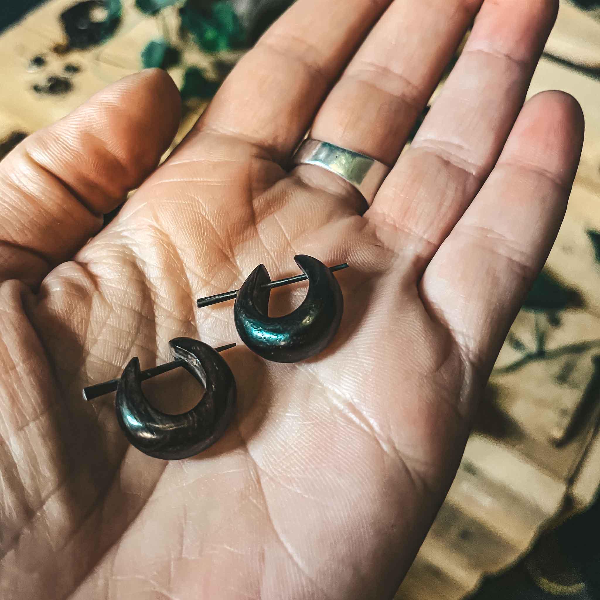 Mini Hoops Wooden Earrings Tribal Handmade Boho Ethnic Carved Sono Wood Unisex