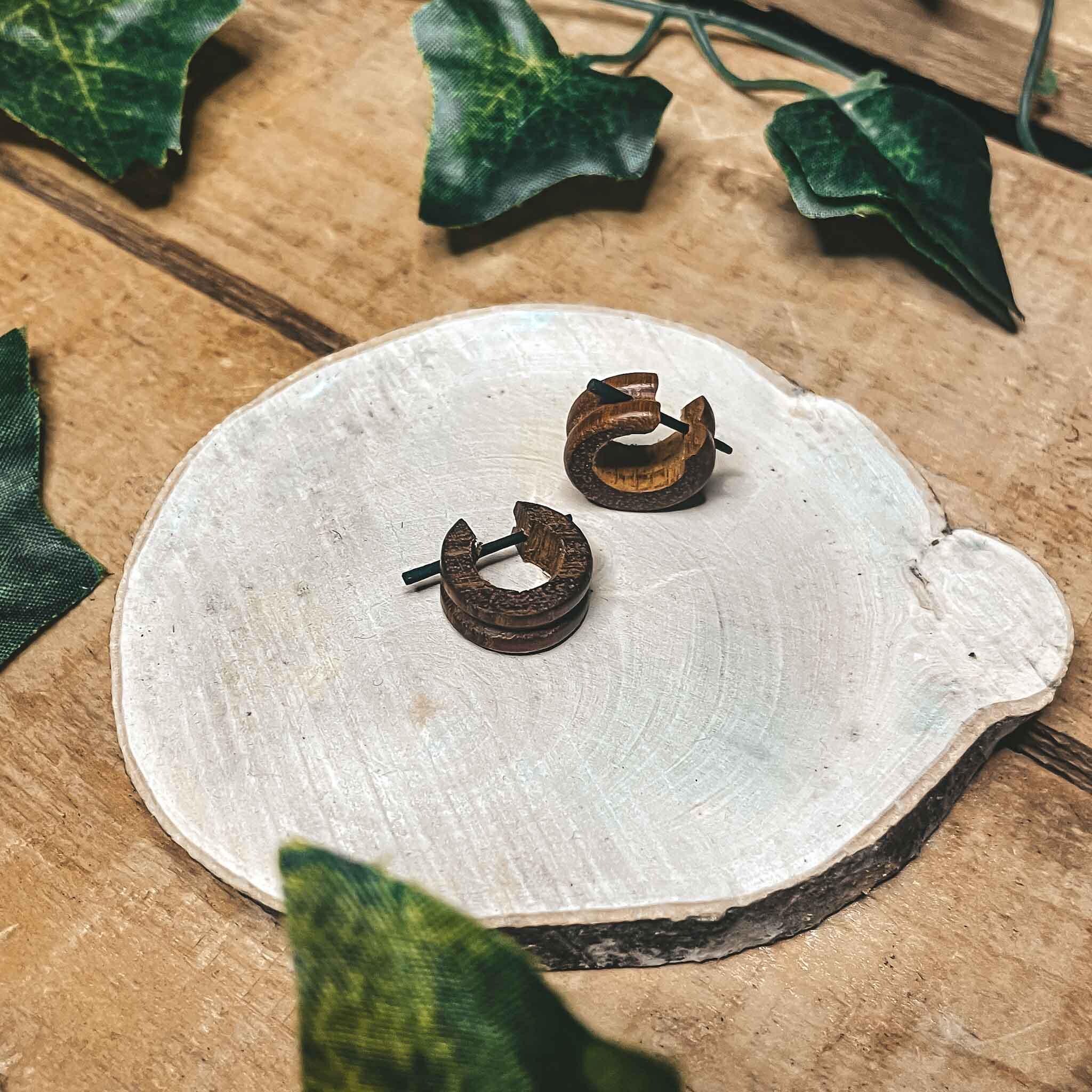 Coconut Wood Mini Hoop Earrings Tribal Handmade Boho Ethnic Carved Coconut Wood Unisex Hypoallergenic Coconut Wood Mini Hoop Earrings Tribal Handmade Boho Ethnic Carved Coconut Wood Unisex Hypoallergenic