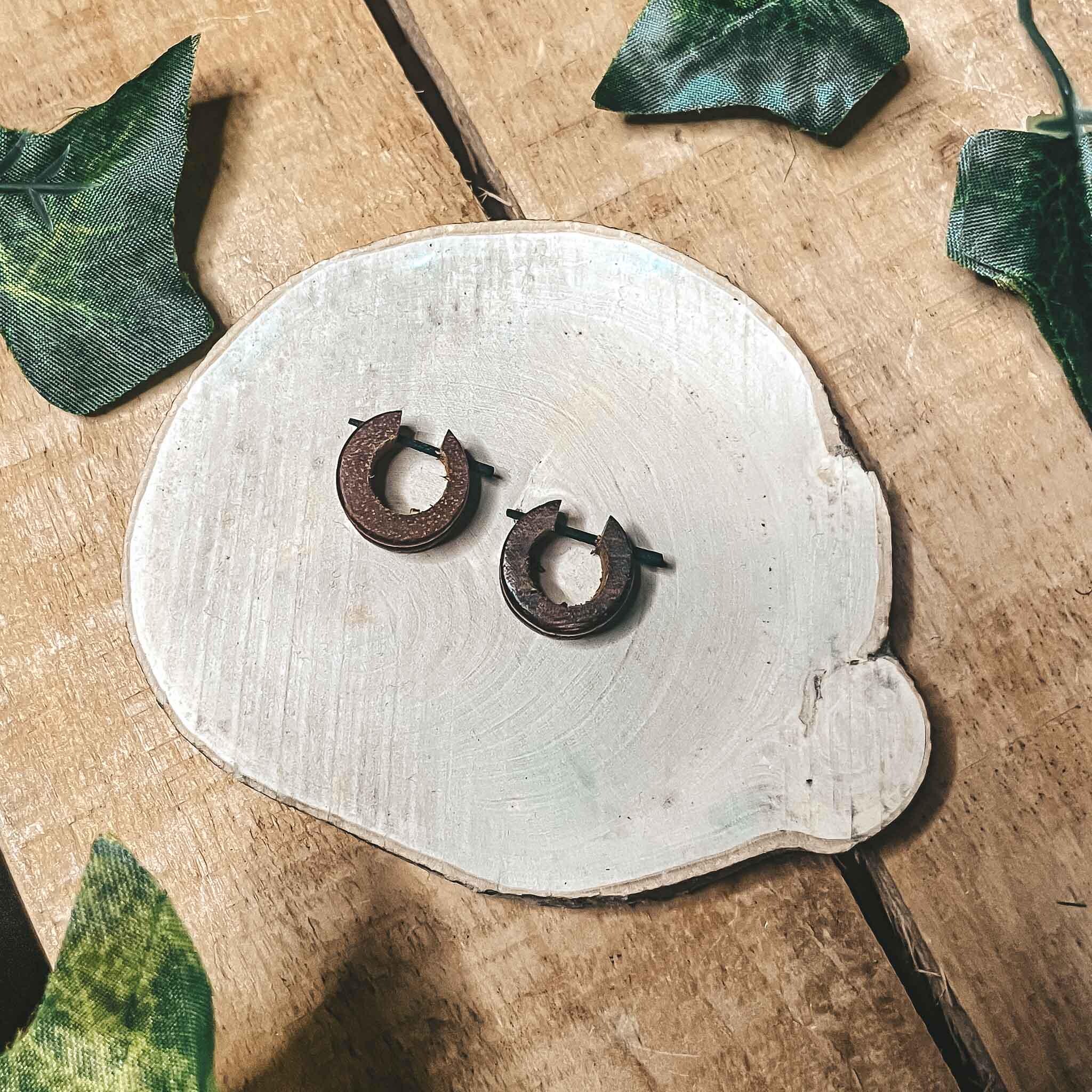 Coconut Wood Mini Hoop Earrings Tribal Handmade Boho Ethnic Carved Coconut Wood Unisex Hypoallergenic Coconut Wood Mini Hoop Earrings Tribal Handmade Boho Ethnic Carved Coconut Wood Unisex Hypoallergenic