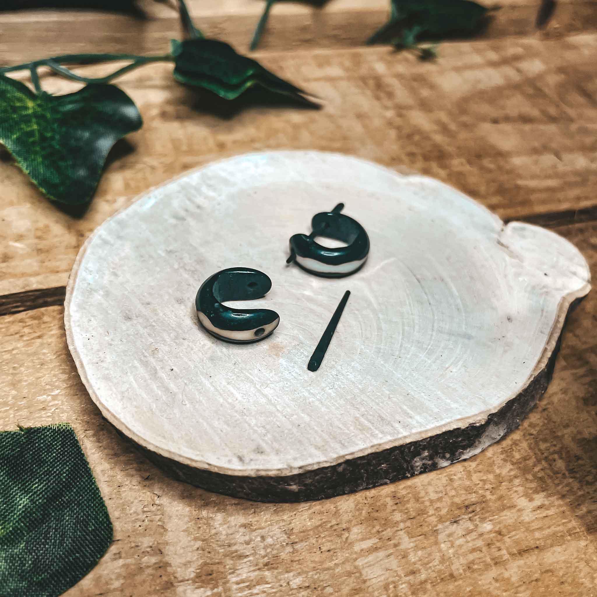 Buffalo Bone Mini Hoop Earrings Black & White Tribal Handmade Boho Ethnic Carved Bone Unisex Hypoallergenic Jewellery Mens Earrings