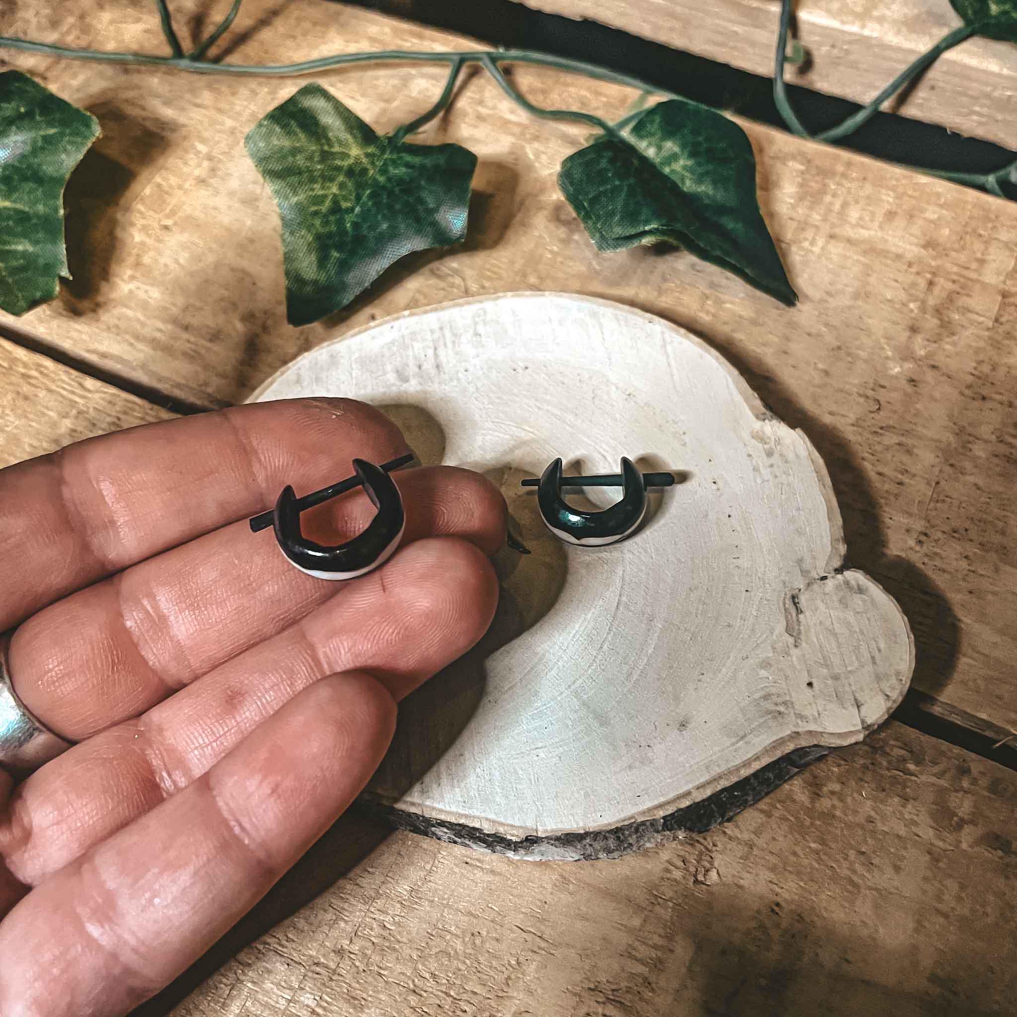 Buffalo Bone Mini Hoop Earrings Black & White Tribal Handmade Boho Ethnic Carved Bone Unisex Hypoallergenic Jewellery Mens Earrings