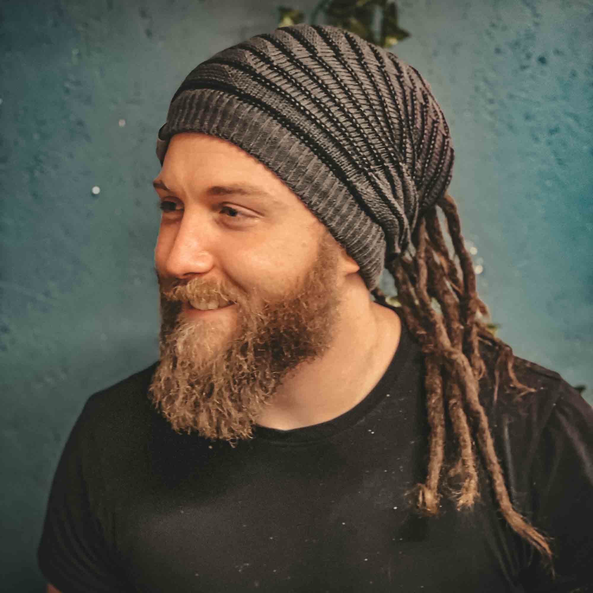 Beanie Bandana Striped grey with black stripes on a man with dreads and beard Beanie Bandana Striped grey with black stripes on a man with dreads and beard
