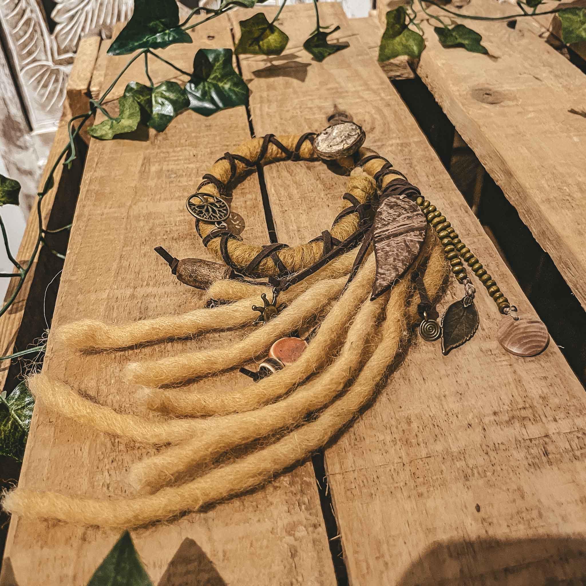 Nature’s Spirit Hair wrap design 3 yellow hair wrap from natural wool and brown faux suade, tree of life pendant, coconut pendant, leaf , spiral, ceramic beads and wooden pendant