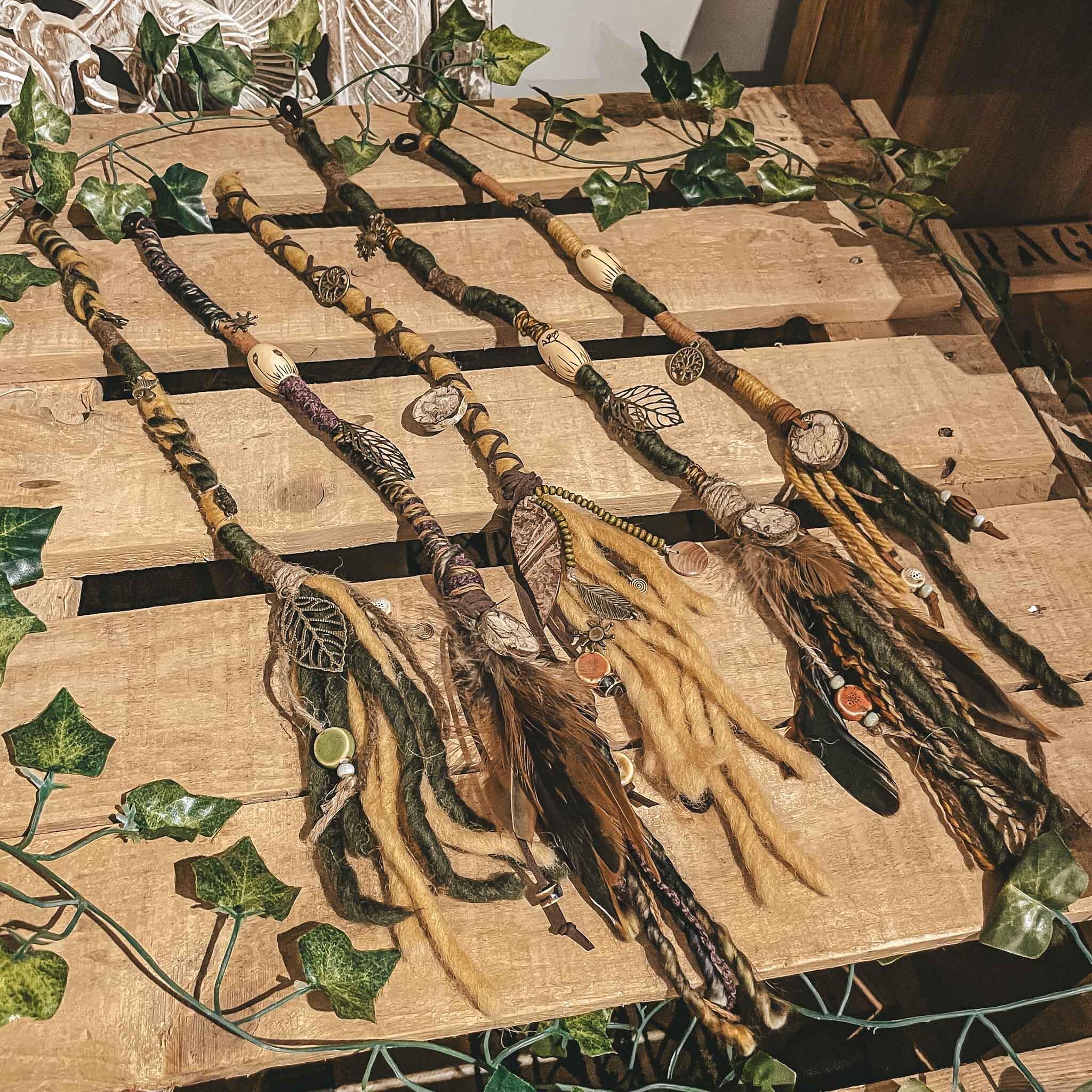 Nature’s Spirit Hair wrap Nature's spirit dreadlock hair wrap natural earthy style autumnal festival hair accessories in greens yellow orange, brown purple with pyrography beads burned with botanical theme,wooden pendants, feathers, mushrooms, sun and moon pendants