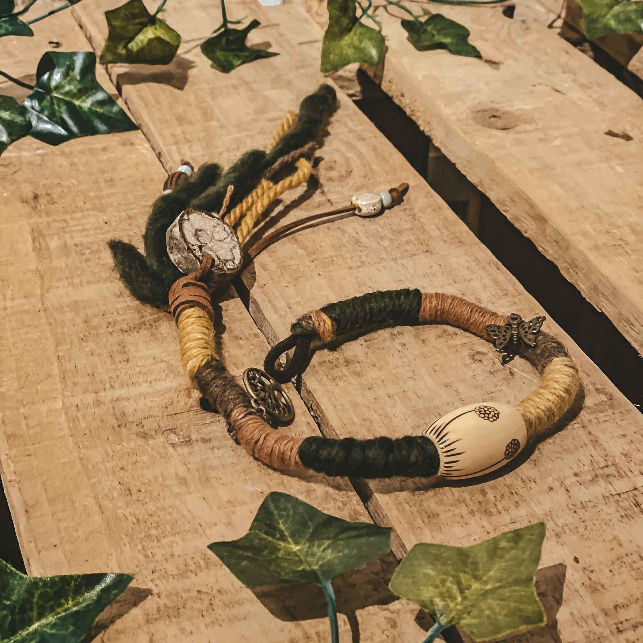 Nature’s Spirit Hair wrap design 5 dreadlock hair wrap yellow green brown natural look hippie hair accessories with leafs, mushroom, sun and moon