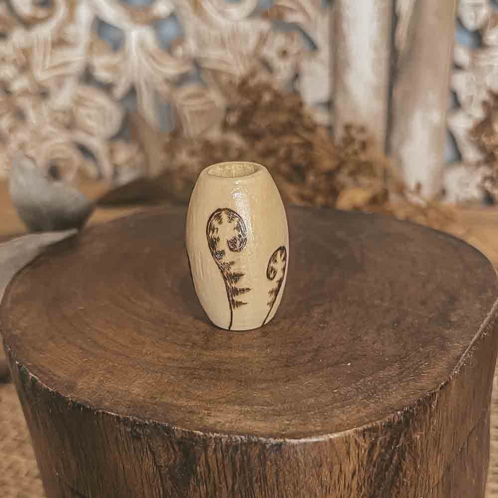 fern forest hand burned design with pyrography technique on a large wooden dreadlock bead