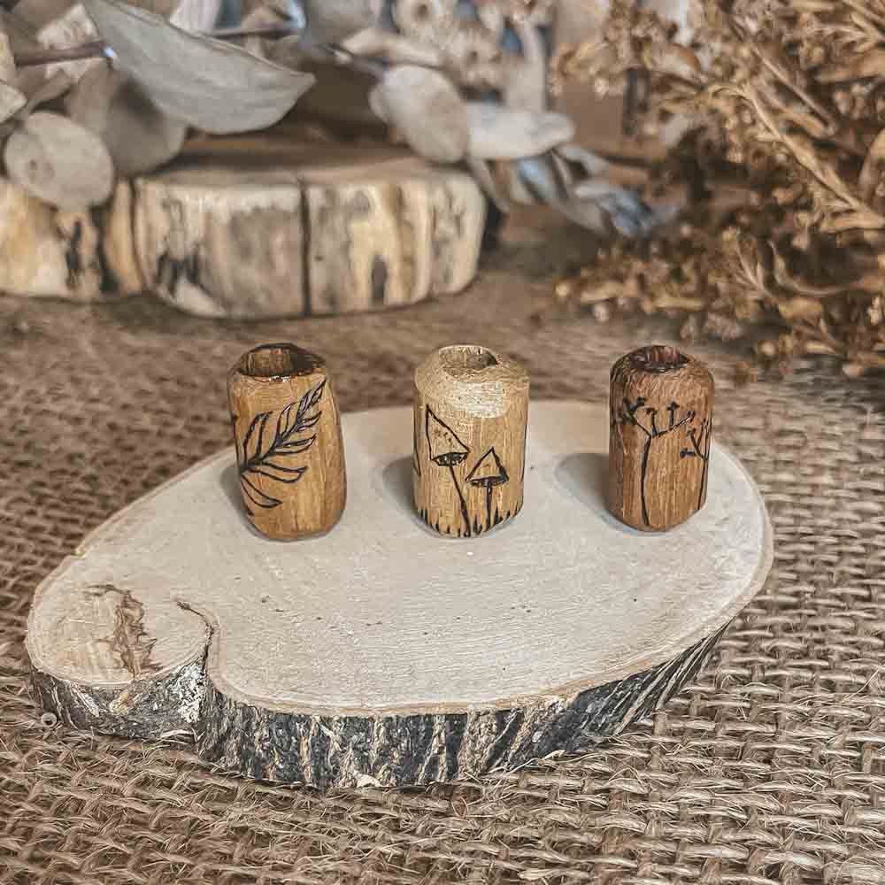 elderflower mushroom leaf pyrography design on iroco wooden dreadlock bead