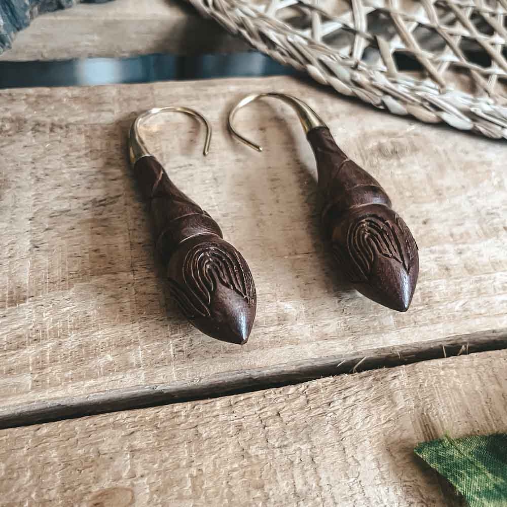 Temple Earrings Wood Brass